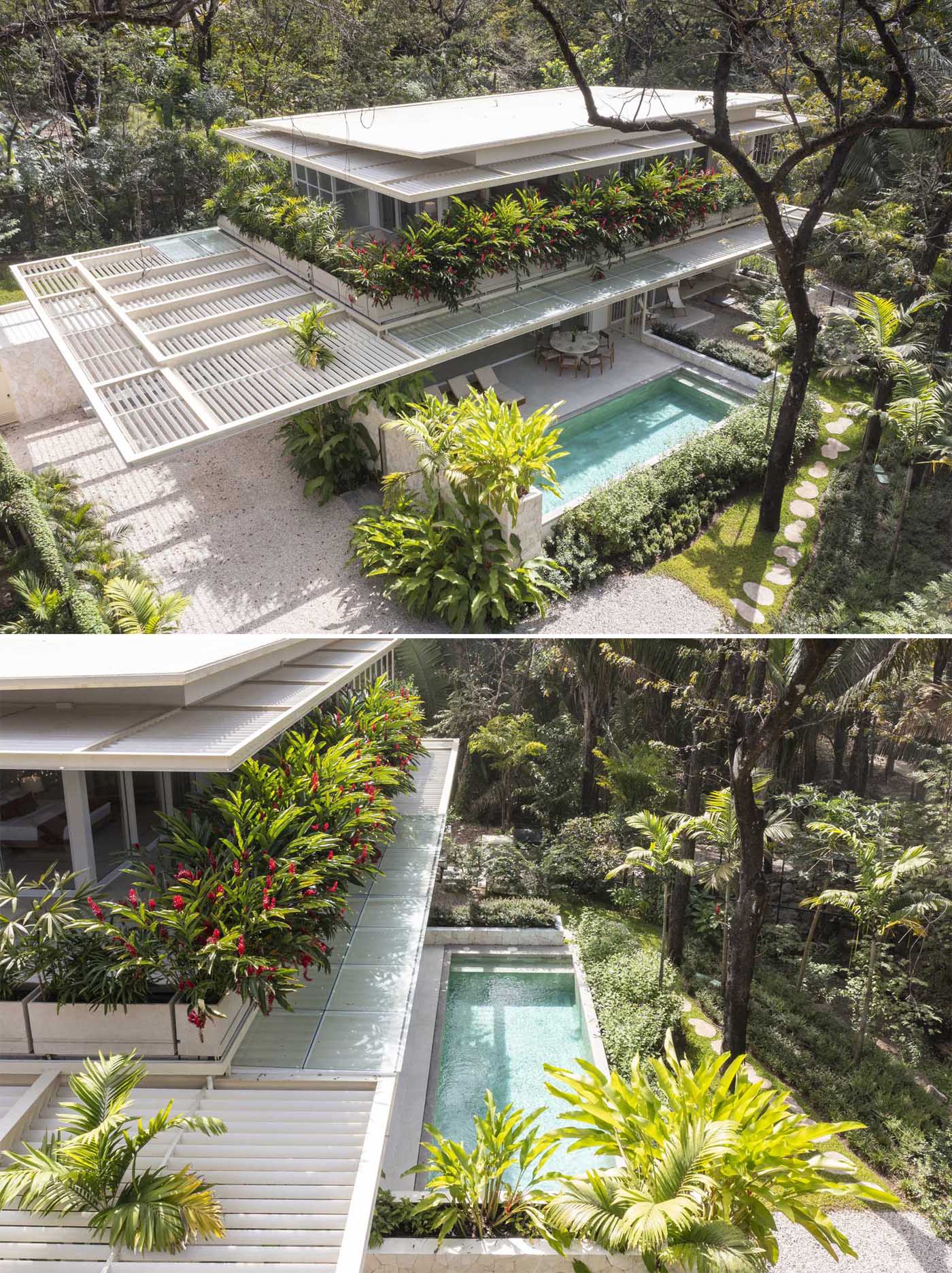 A modern home in Costa Rica has an abundance of tropical plants and a pool.