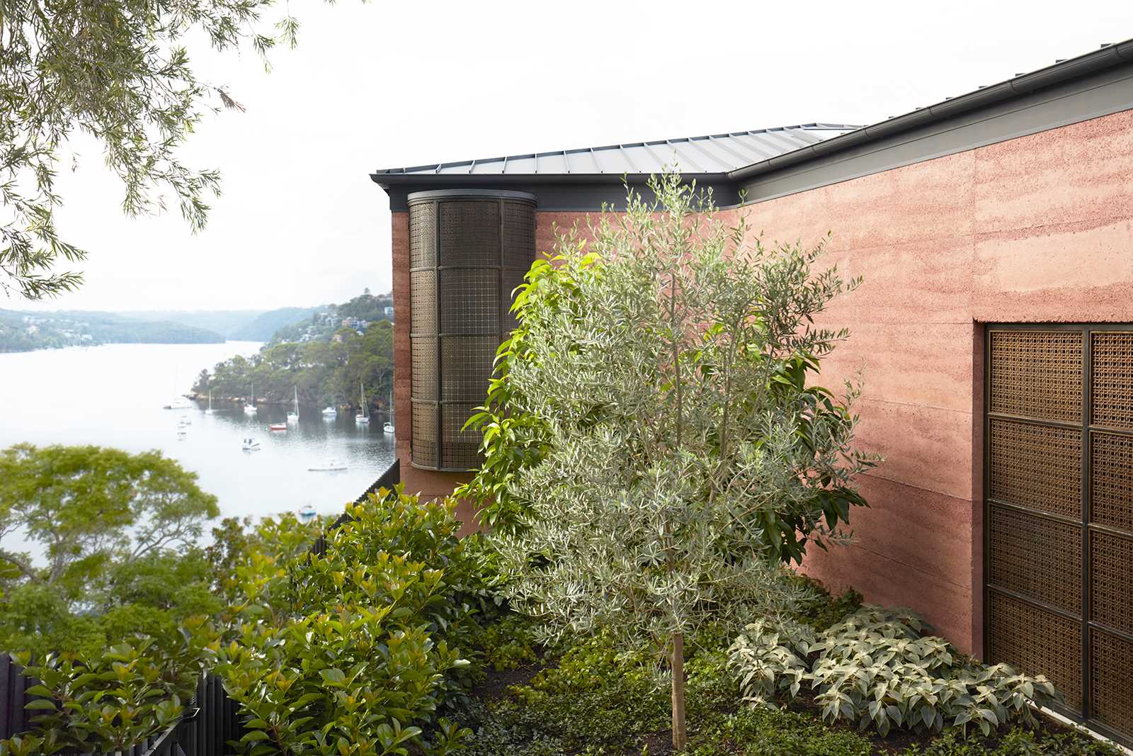 A modern home with rammed earth walls.