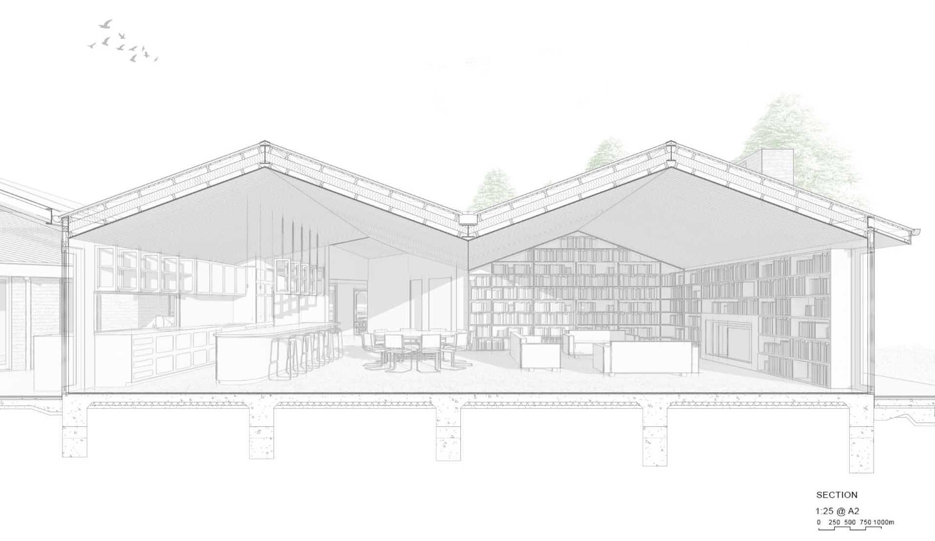 The section diagram of a remodeled modern farm house.