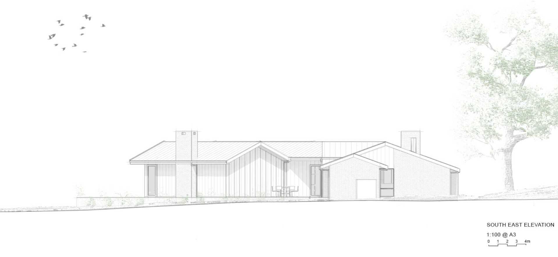 The south east elevation diagram of a remodeled modern farm house.