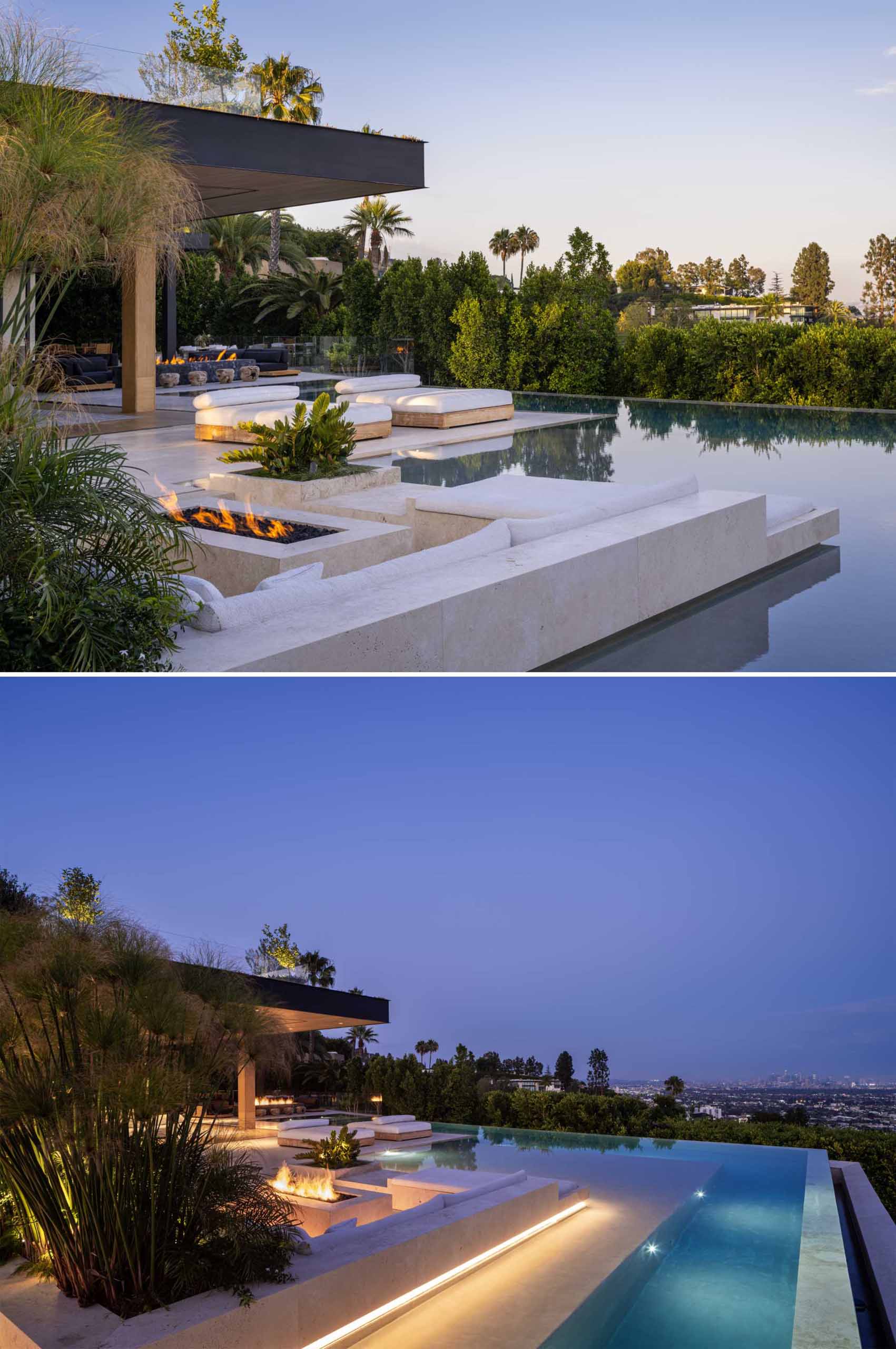 A modern house with a swimming pool and a sunken outdoor living room with a firepit.