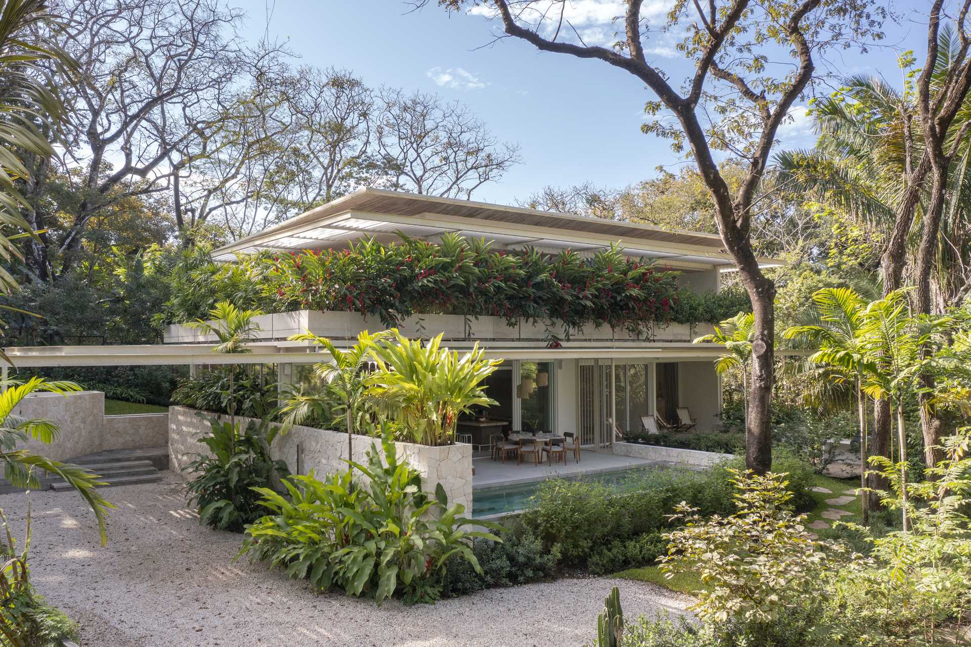 Planter boxes with large tropical plants were placed on the second-floor of this modern home to create privacy and to frame the views.