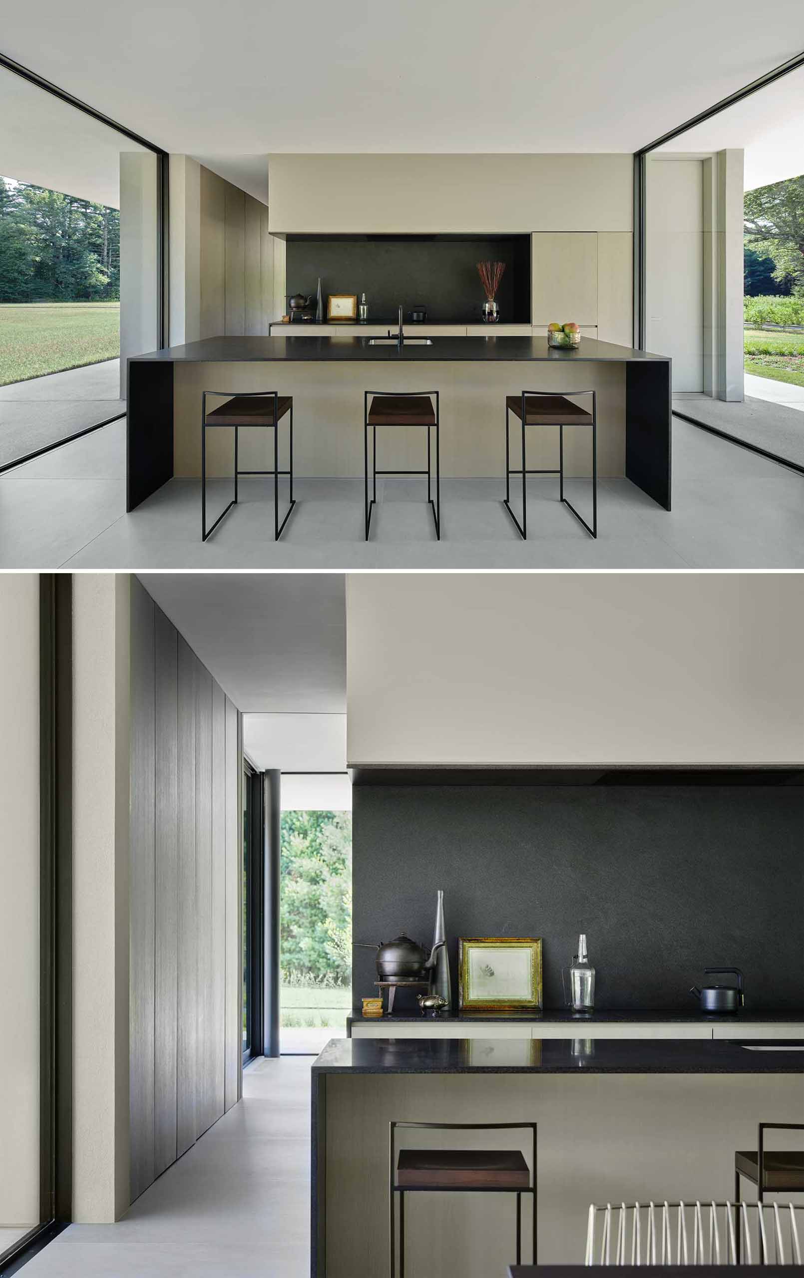 A modern kitchen with black quartz countertops.