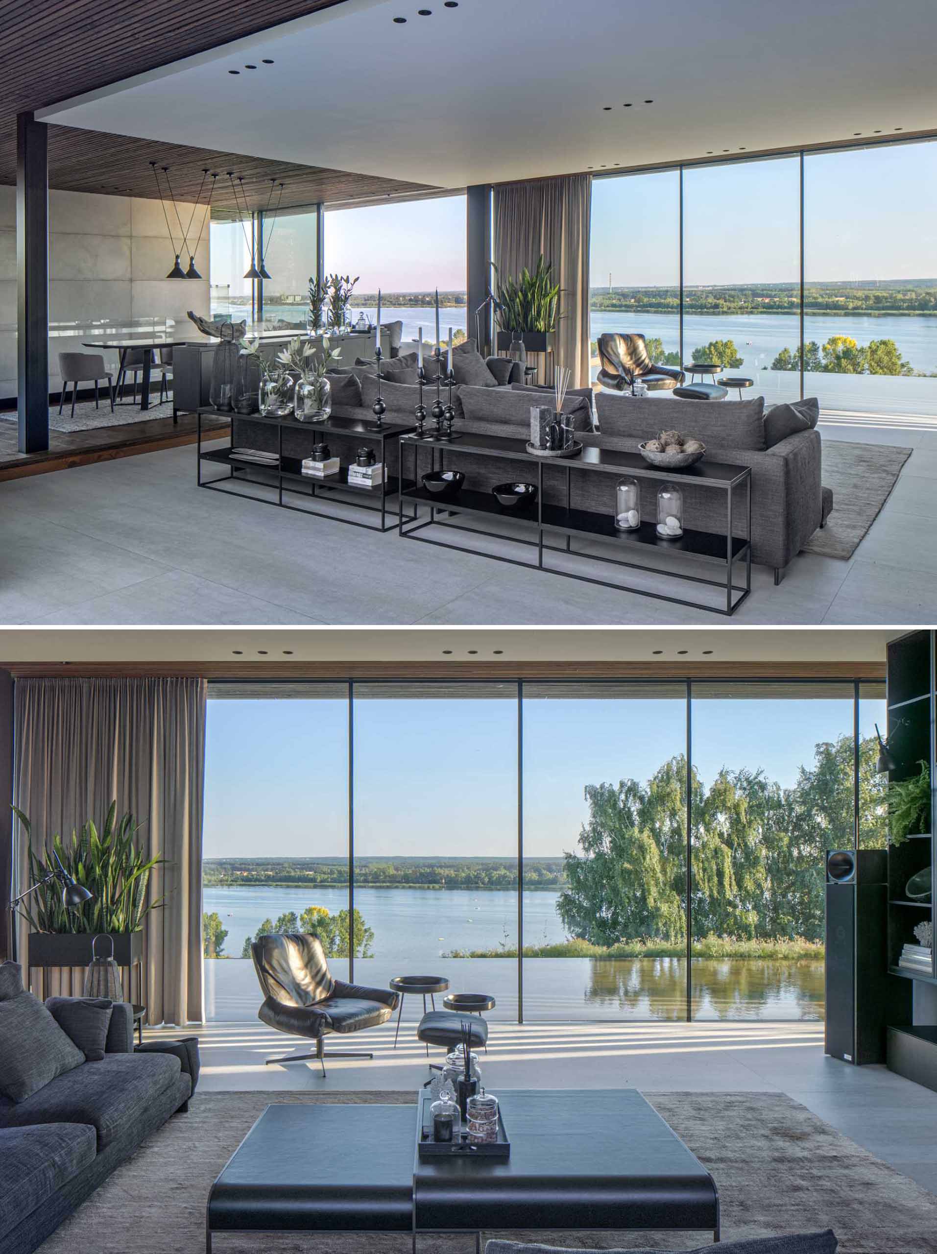 A modern living room with floor-to-ceiling windows.