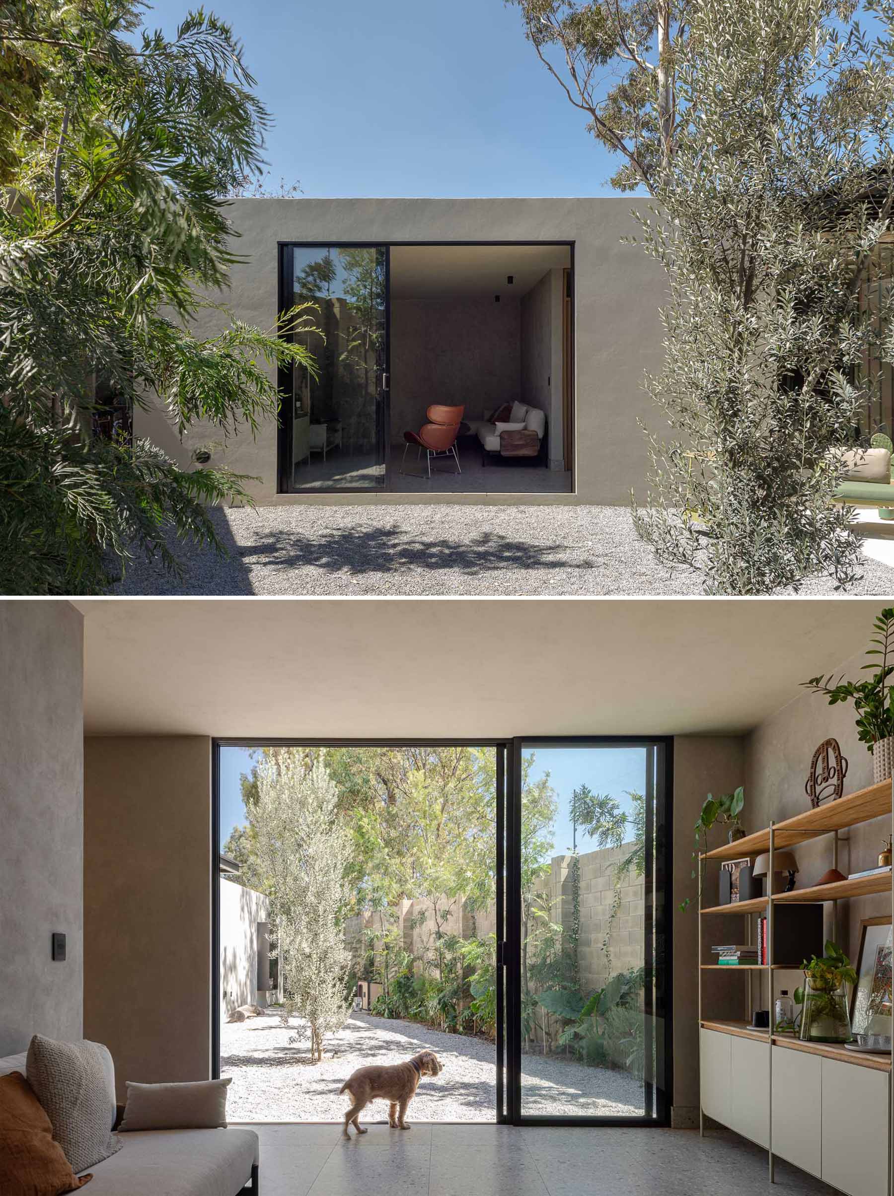 In this living room that opens to the rear yard, there's a shelving unit decorated with plants, books, and artwork.