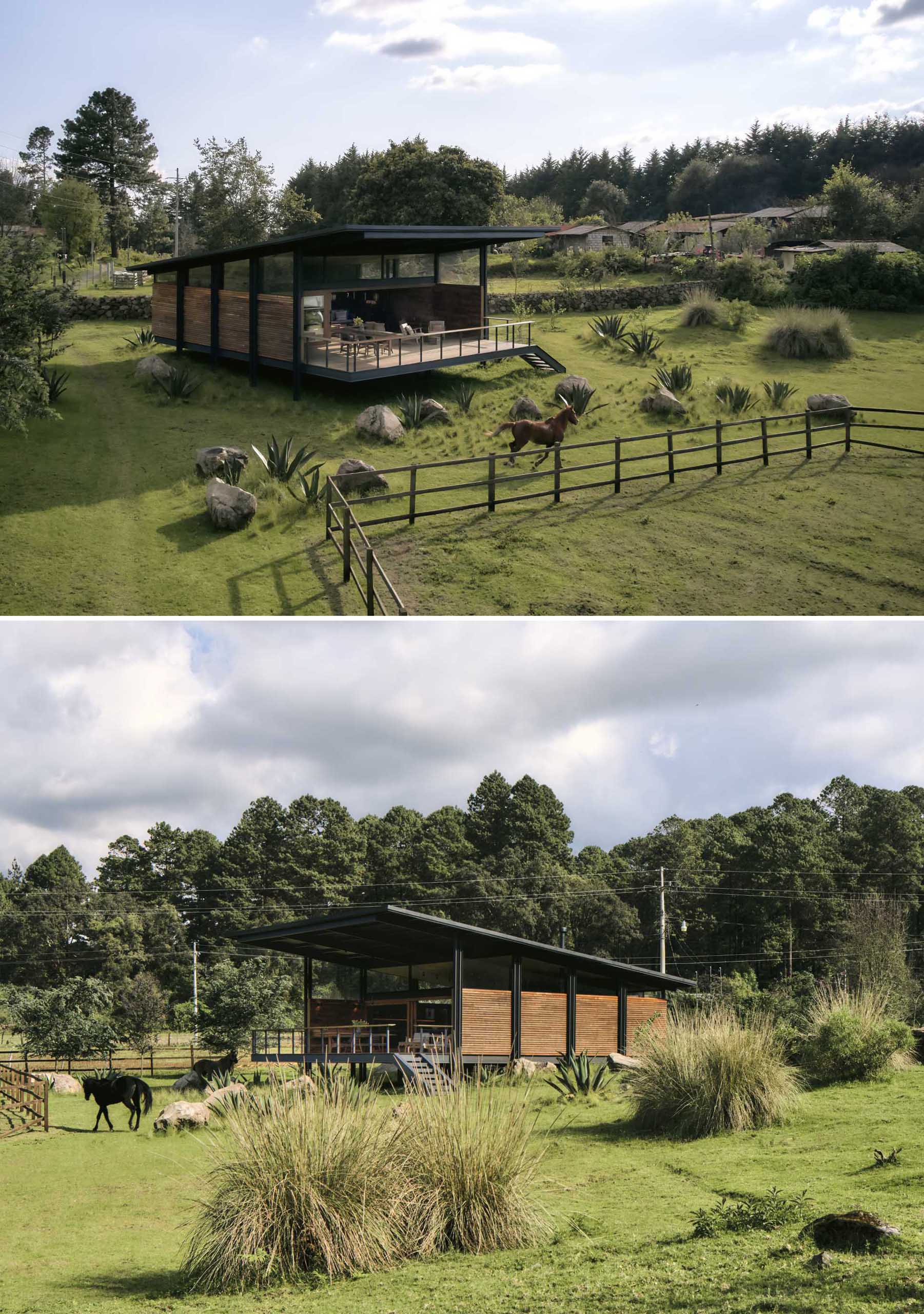 A modern tiny house with a sloped roof and large covered terrace.