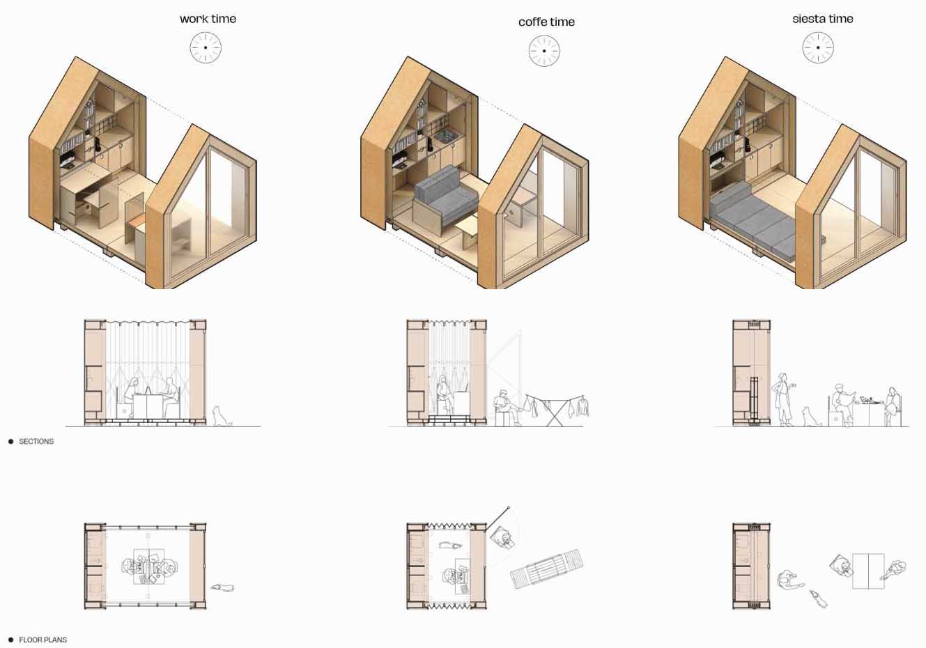 A small cabin-like room that expands when needed, and makes room for an office, or additional living space.