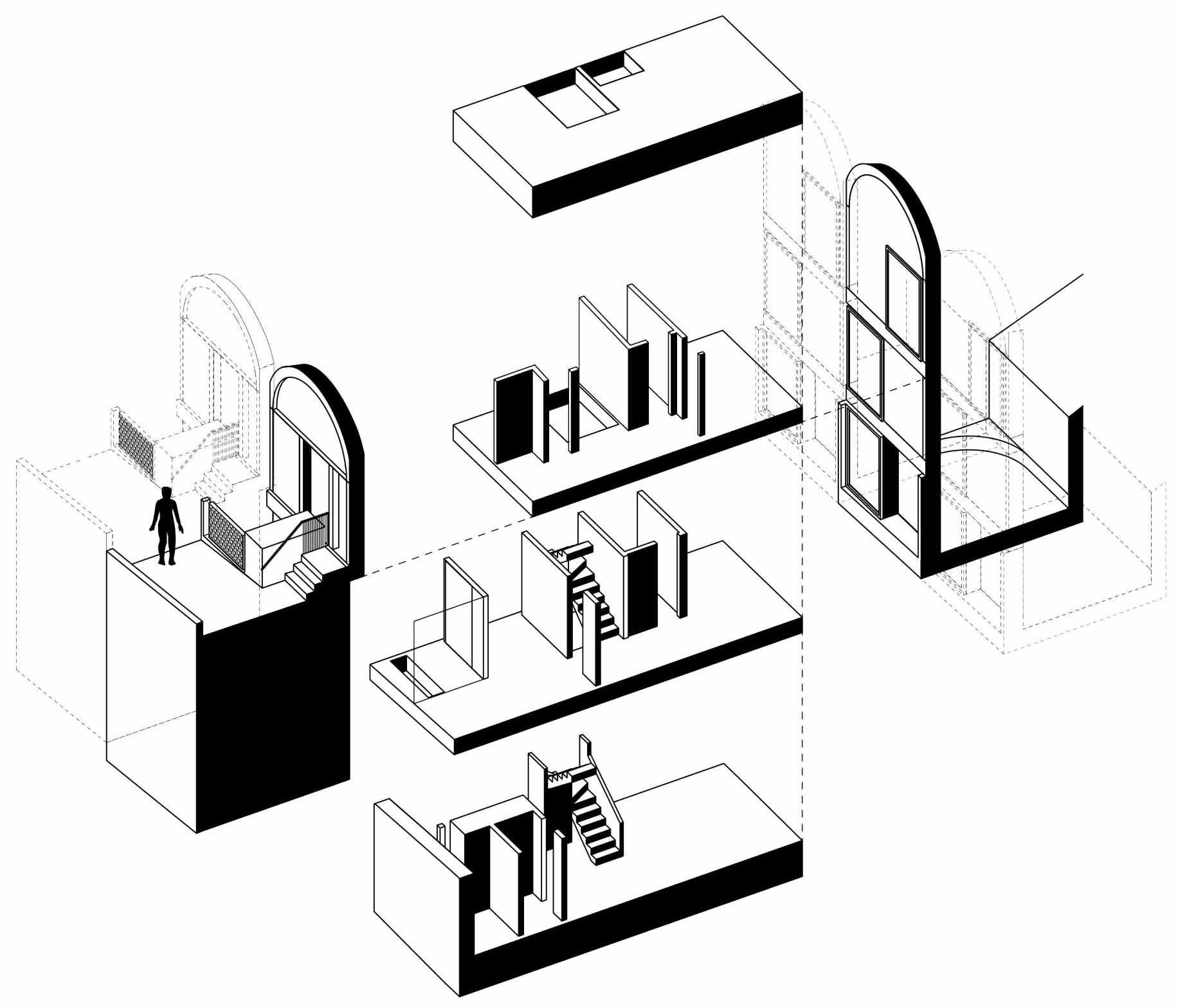 The design of a row of townhouses that include arched details.