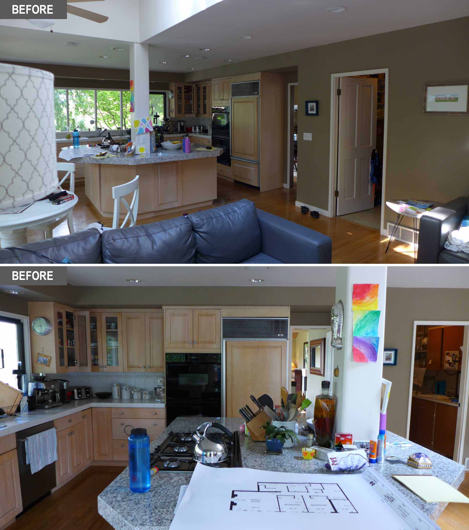 BEFORE REMODEL - The original kitchen had an island in the middle of the space that included a large column, breaking up the countertop and sightline. 