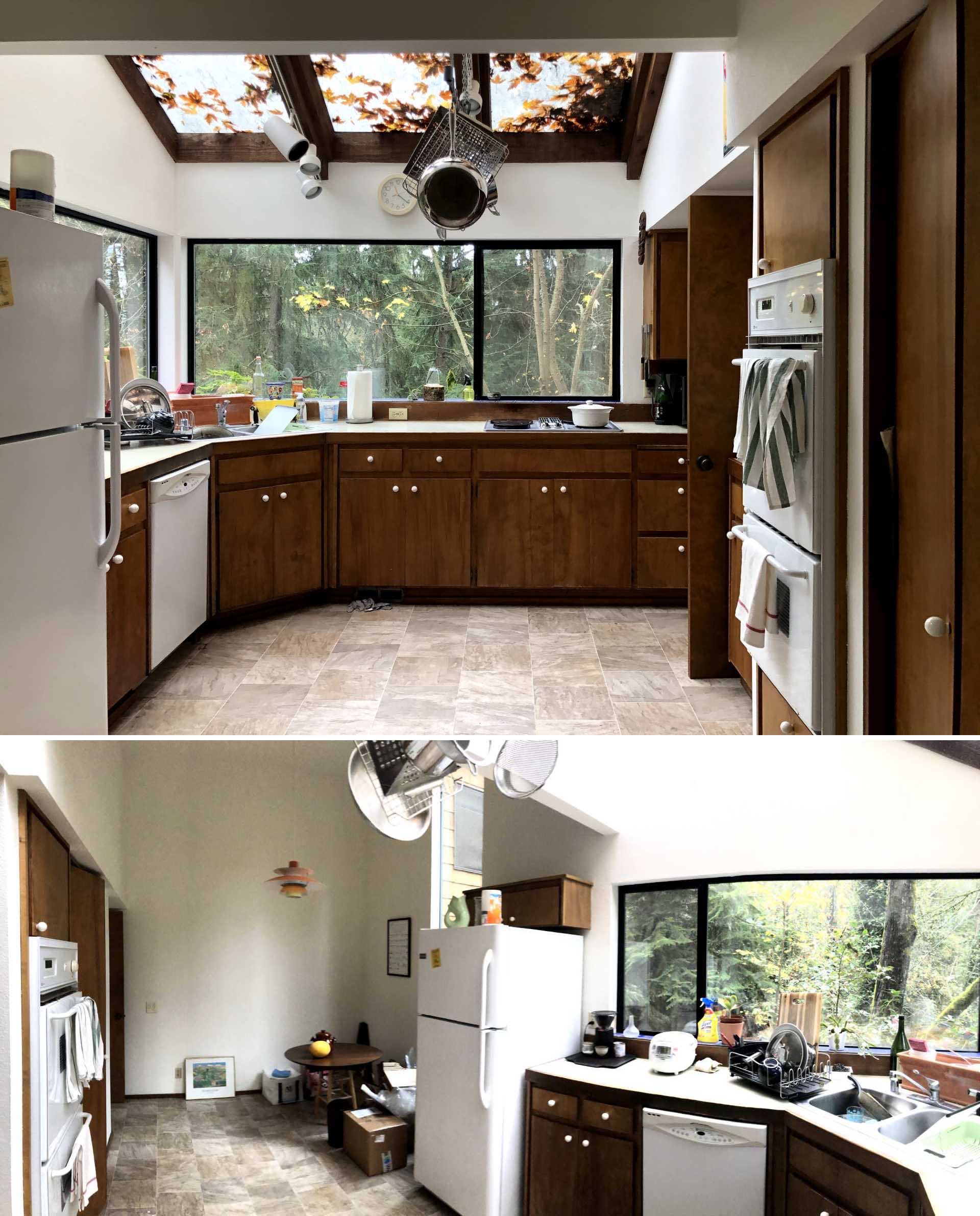 Before photo of a corner kitchen with dark wood cabinets.