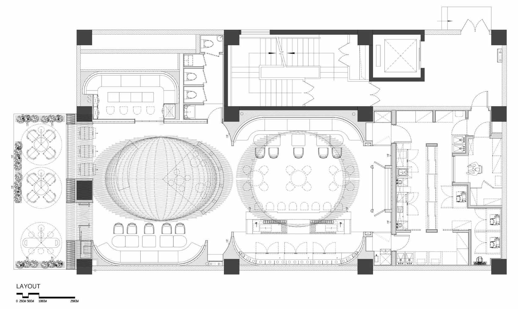 The layout of a modern whiskey bar.