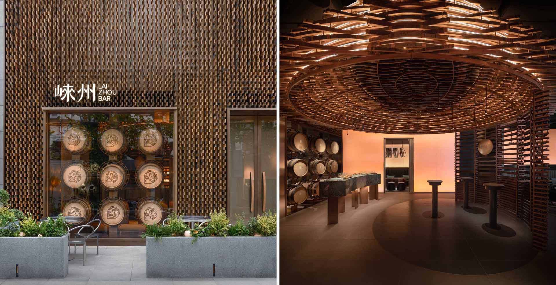 6000 pieces of discarded wooden whiskey barrels were recycled to make the facade and interior of this modern bar.