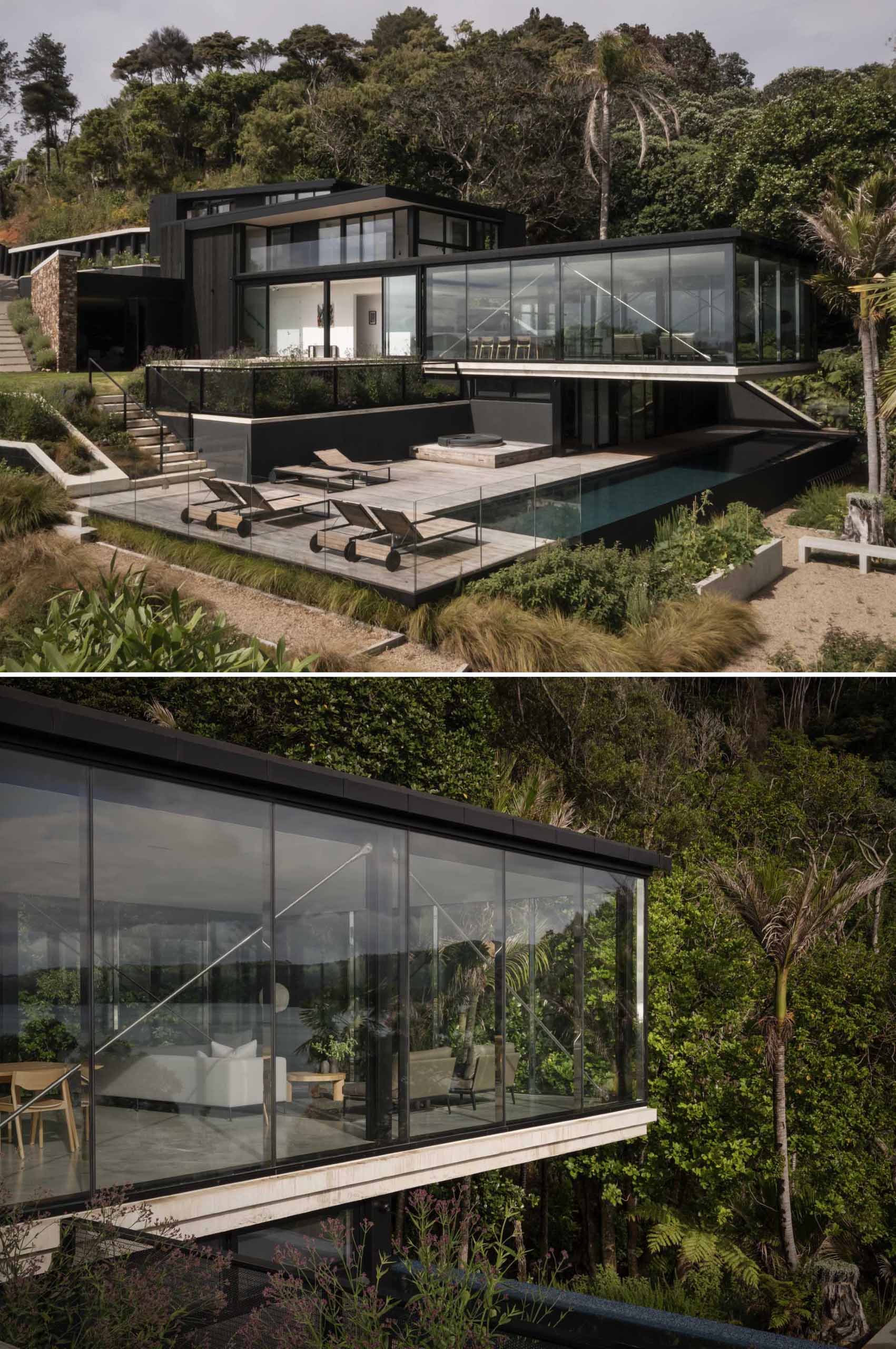 A modern home with a living room that overhangs above the swimming pool below.