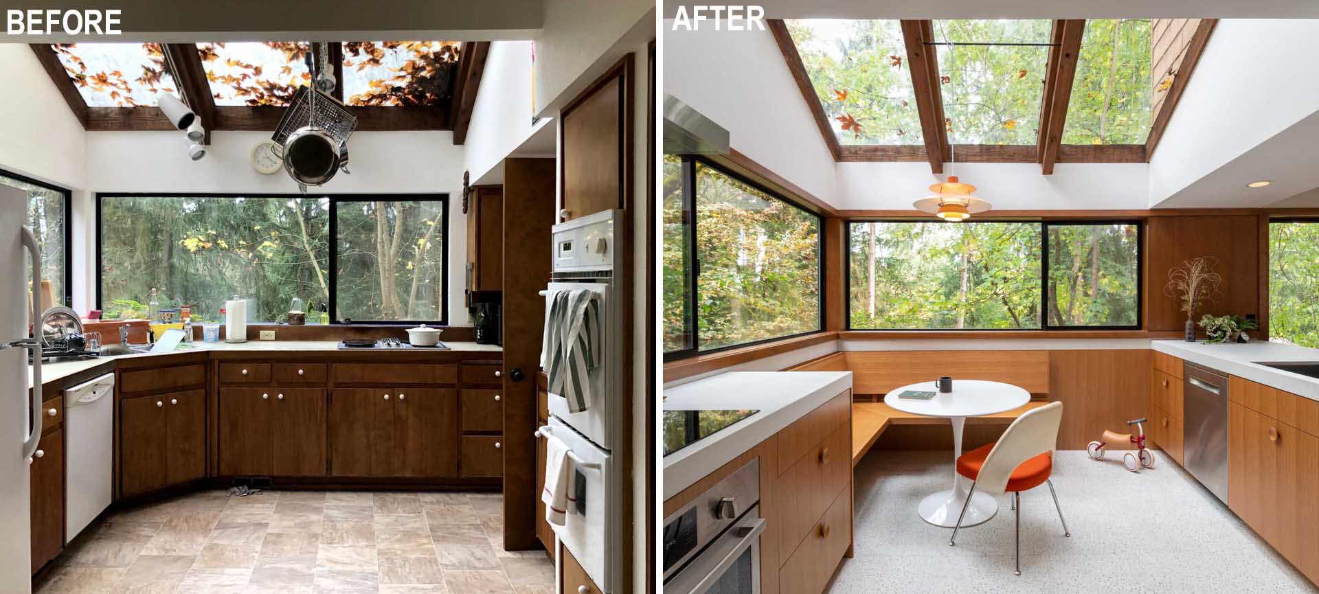 A remodeled kitchen that originally had dark wood cabinets, and now has light wood cabinets and a built-in corner breakfast nook.
