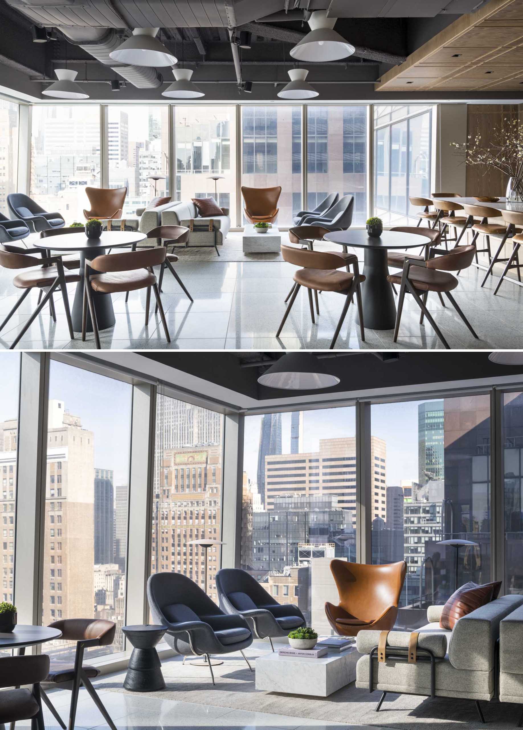 A modern workplace has a Clubhouse with tables and chairs, banquette seating, and lounge areas by the floor-to-ceiling windows.