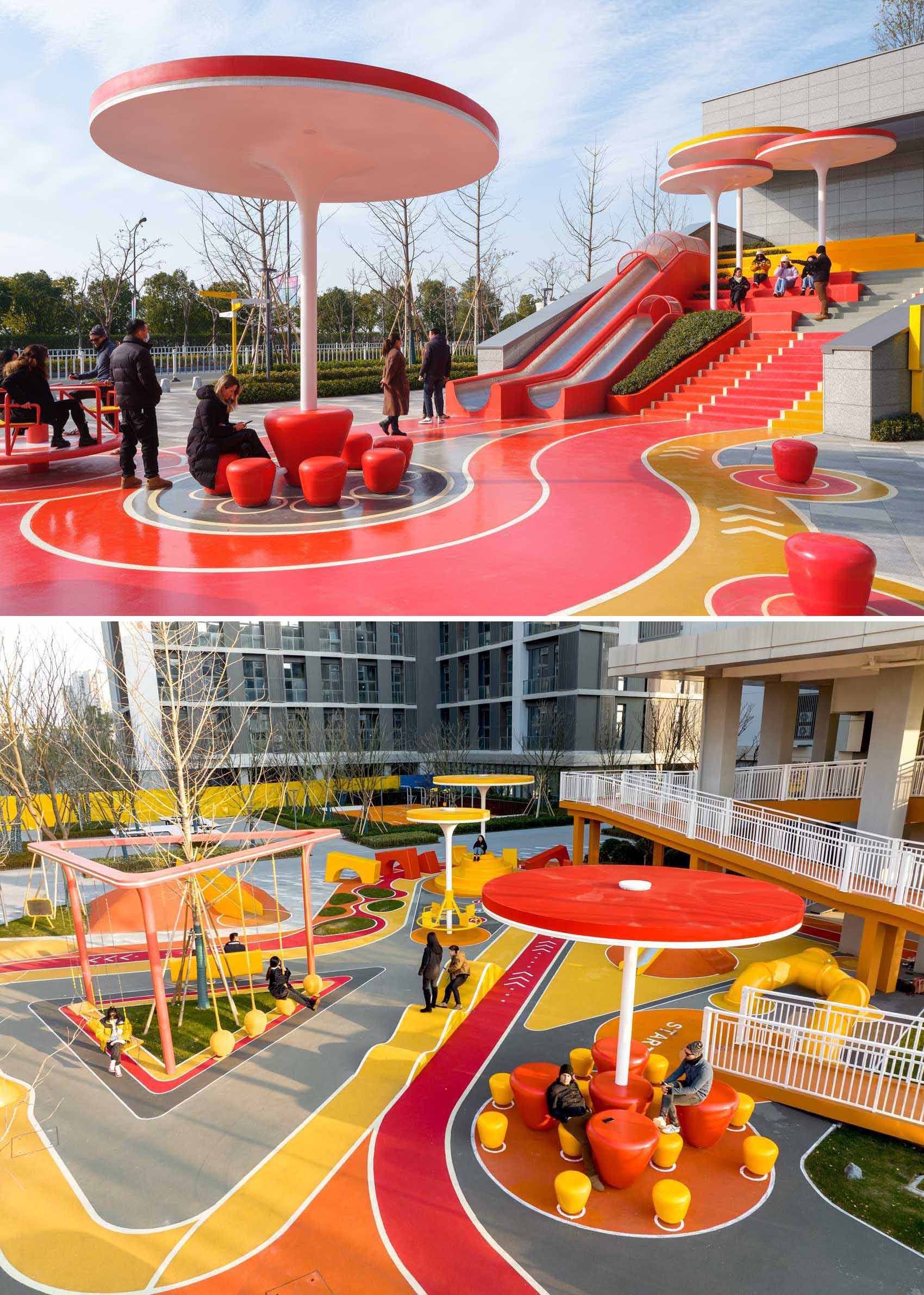 A modern and colorful landscaped park with slides, pathways, a merry-go-round, lounge seating, seesaw, shading structures, seating, swings, and an amphitheater.