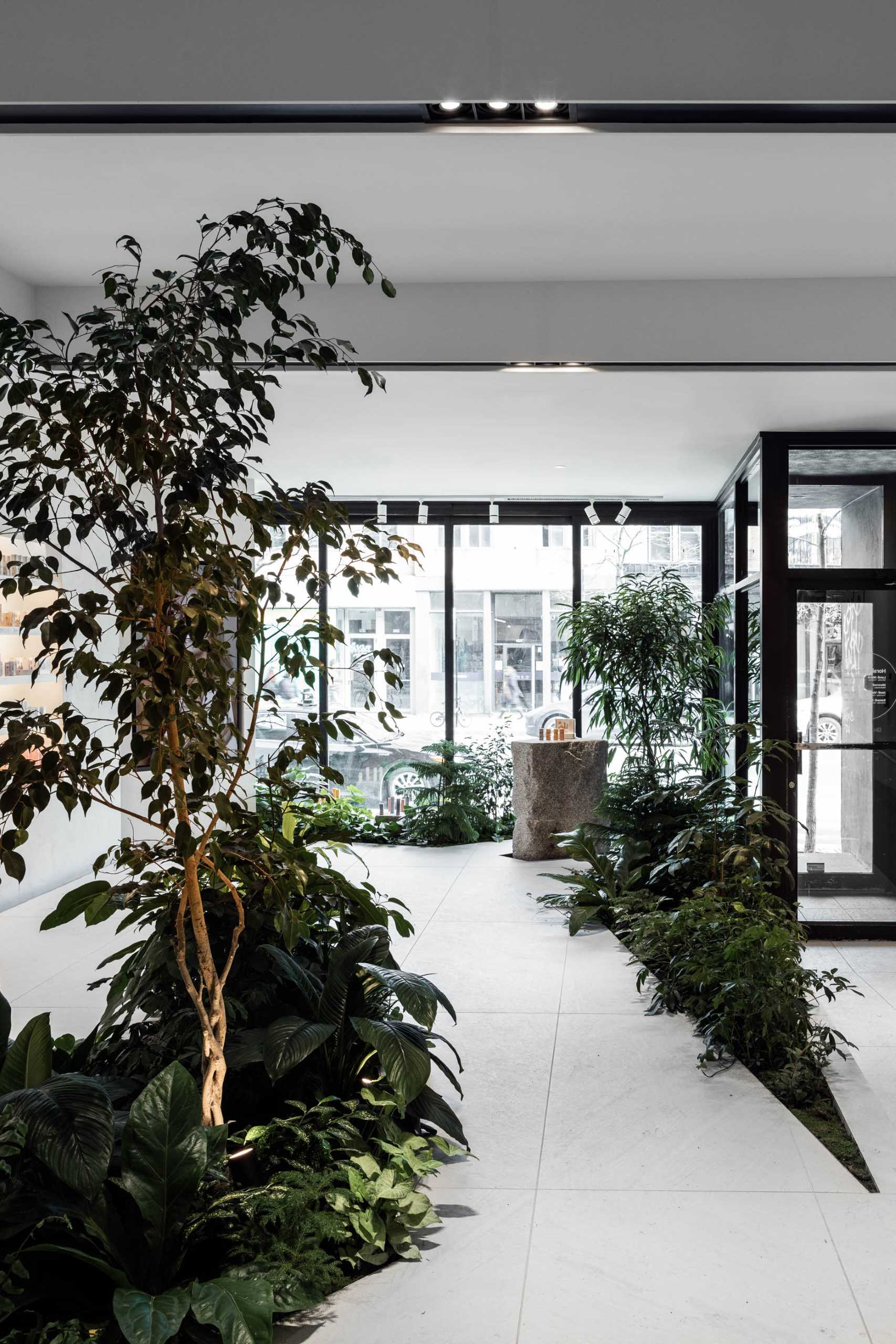 A modern retail store with built-in planters and stone accents throughout.
