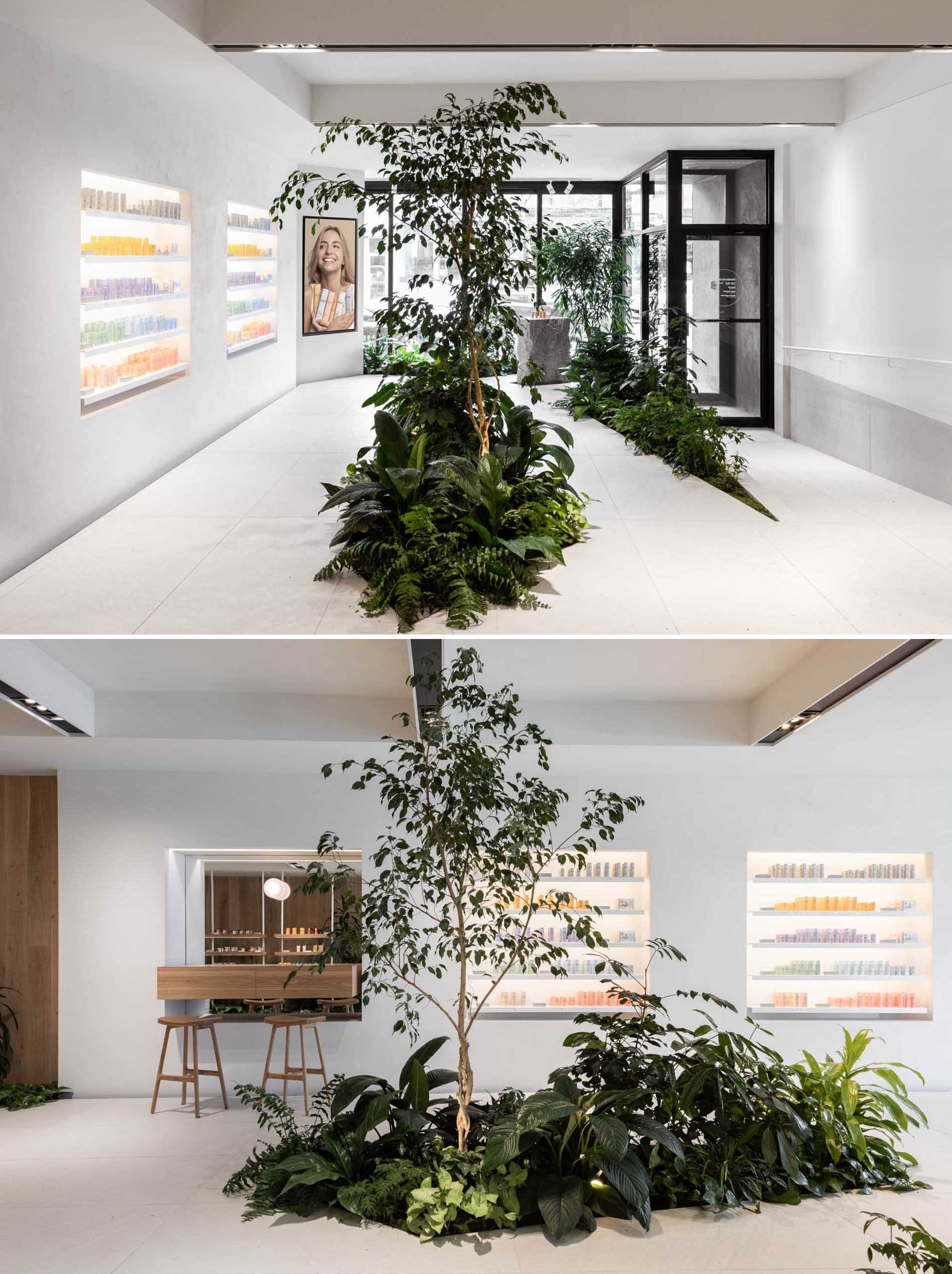 A modern retail store for a beauty brand includes built-in planters and stone accents throughout.