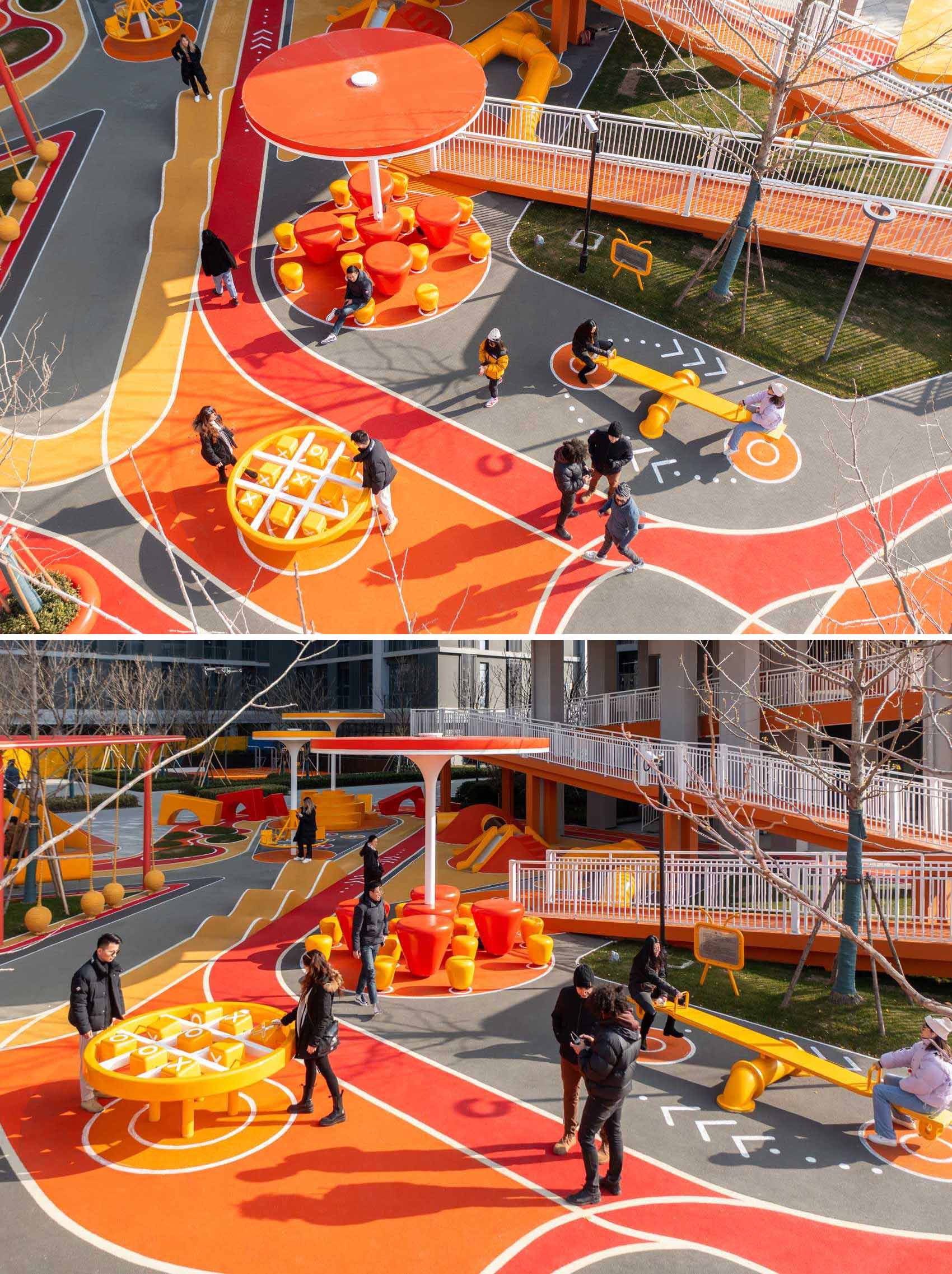 A modern and colorful landscaped park with slides, pathways, a merry-go-round, lounge seating, seesaw, shading structures, seating, swings, and an amphitheater.