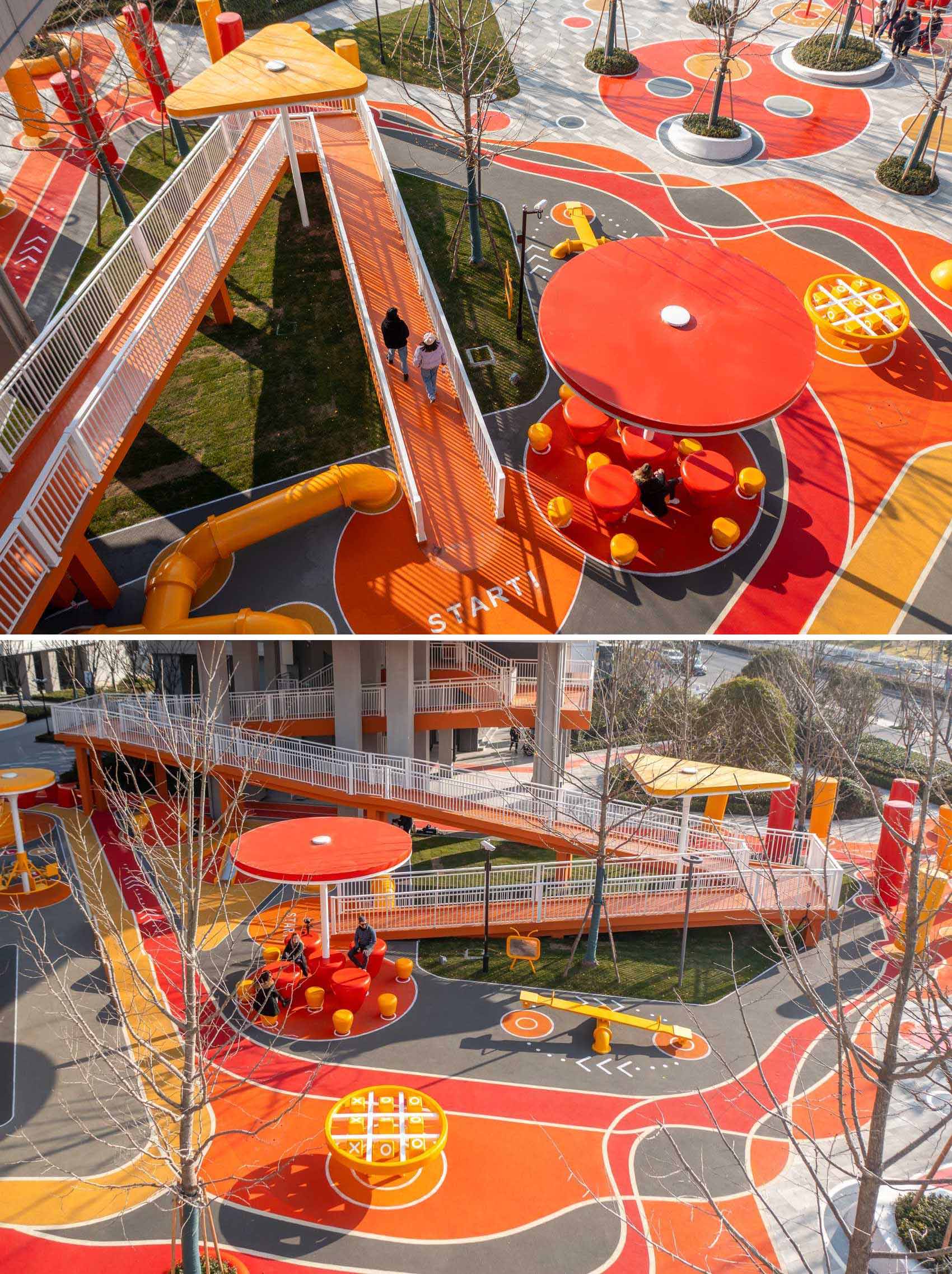 A modern and colorful landscaped park with slides, pathways, a merry-go-round, lounge seating, seesaw, shading structures, seating, swings, and an amphitheater.