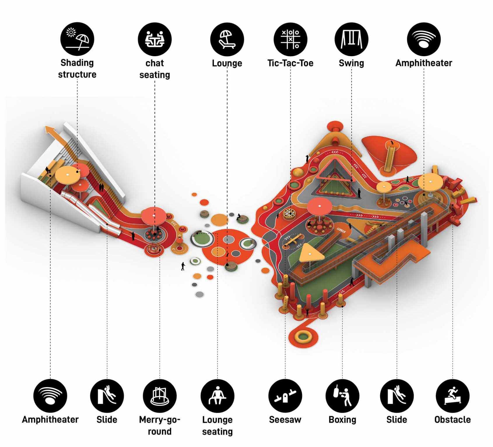 A modern and colorful landscaped park with slides, pathways, a merry-go-round, lounge seating, seesaw, shading structures, seating, swings, and an amphitheater.