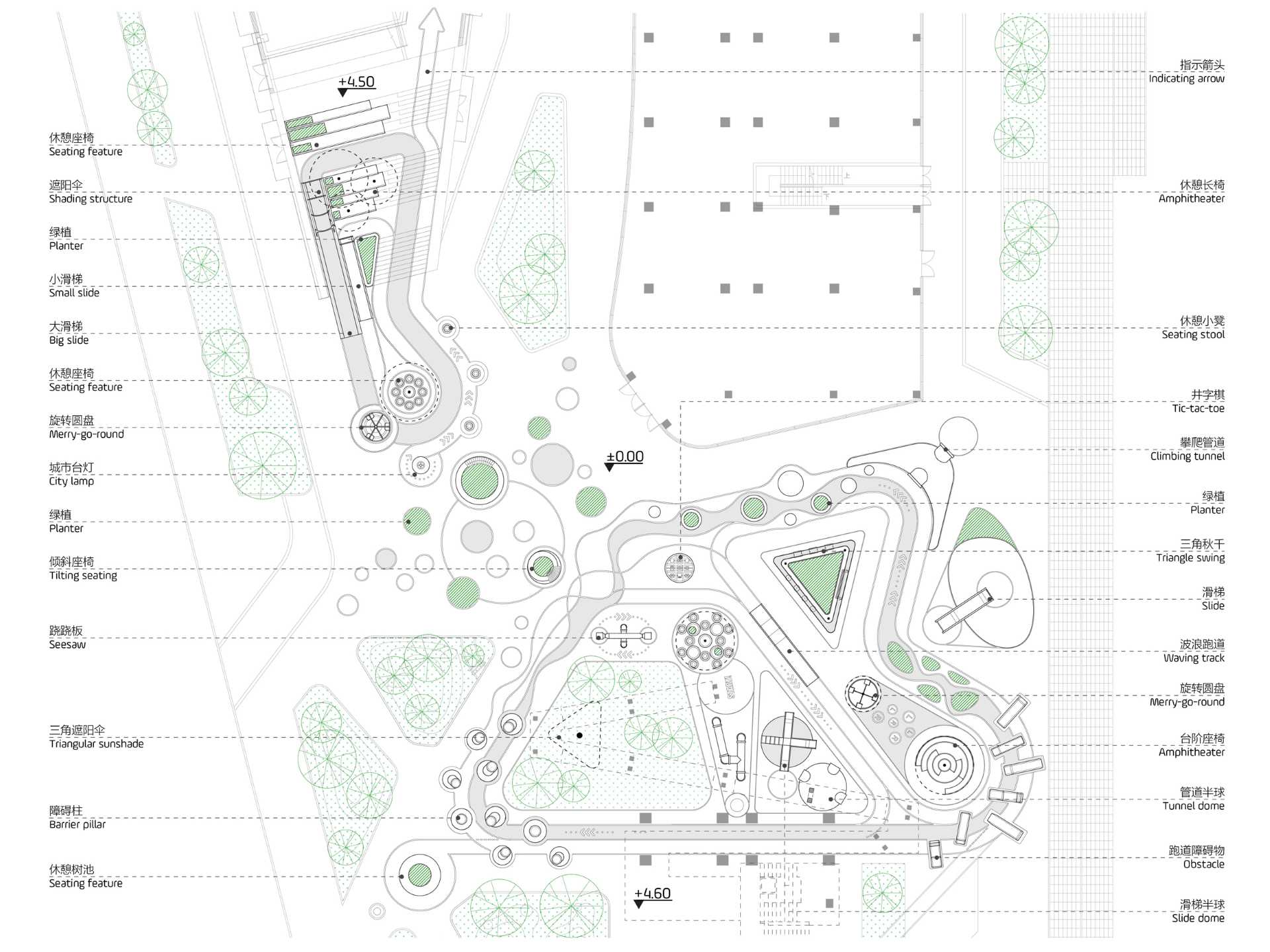 A modern and colorful landscaped park with slides, pathways, a merry-go-round, lounge seating, seesaw, shading structures, seating, swings, and an amphitheater.