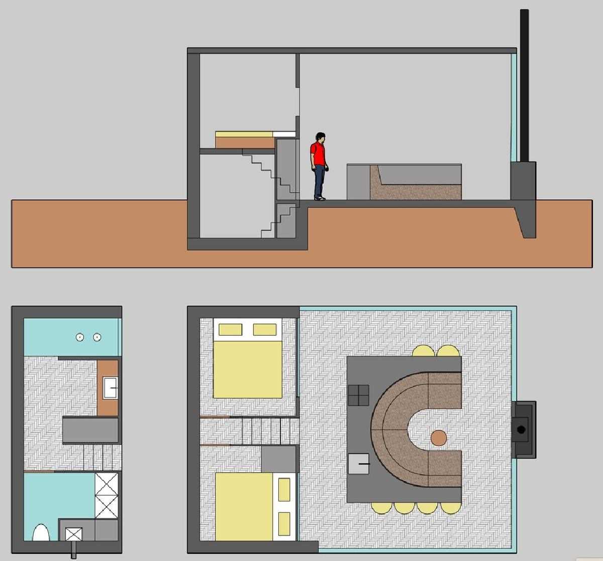 The floor plan of a small home with two bedrooms and a half sunken bathroom.