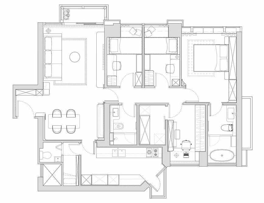 The floor plan of an apartment with separate social and private areas.
