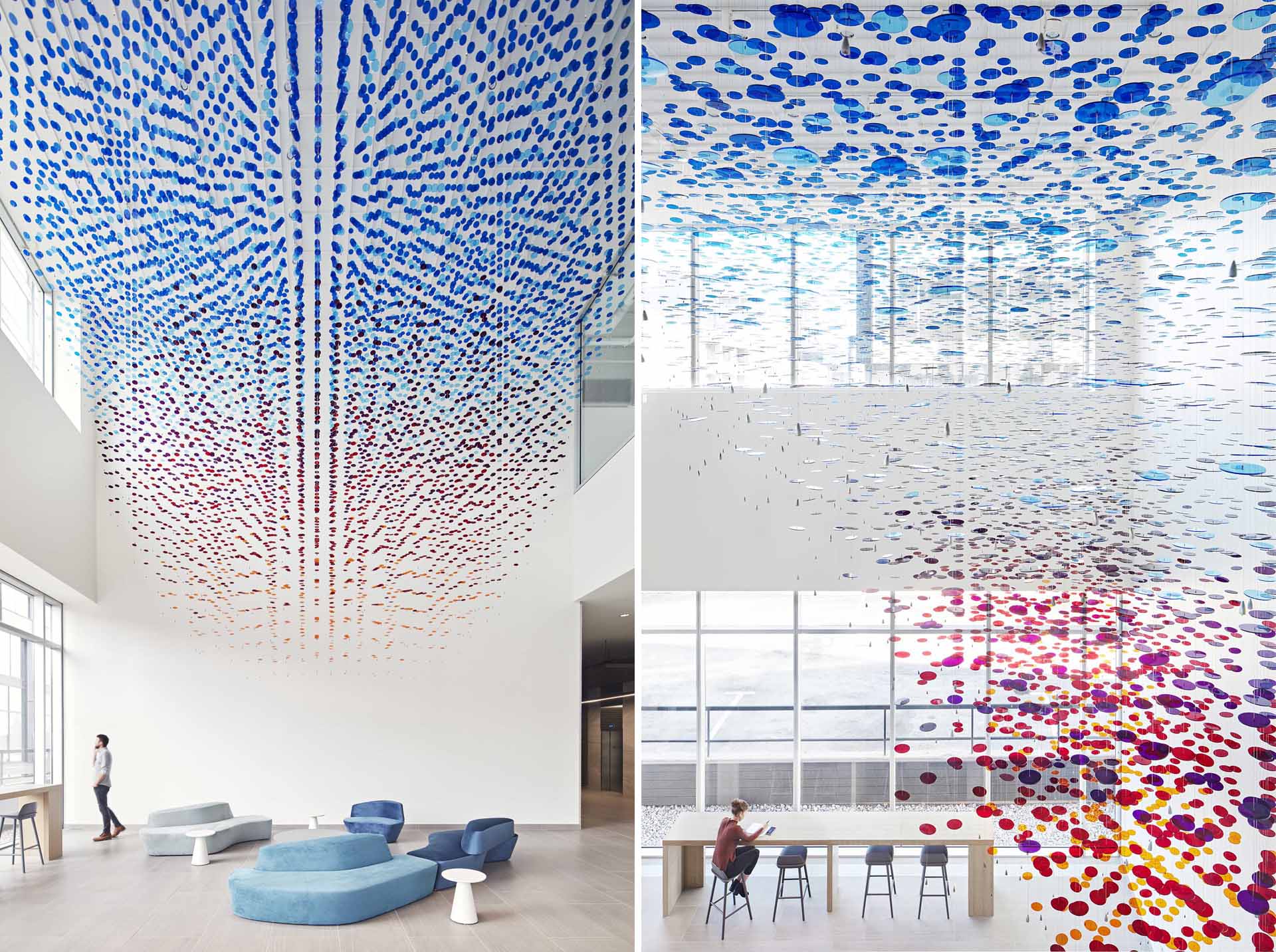 A custom-installation in a lobby atrium is made from 8,000 colorful discs suspended from 650 wire cables.