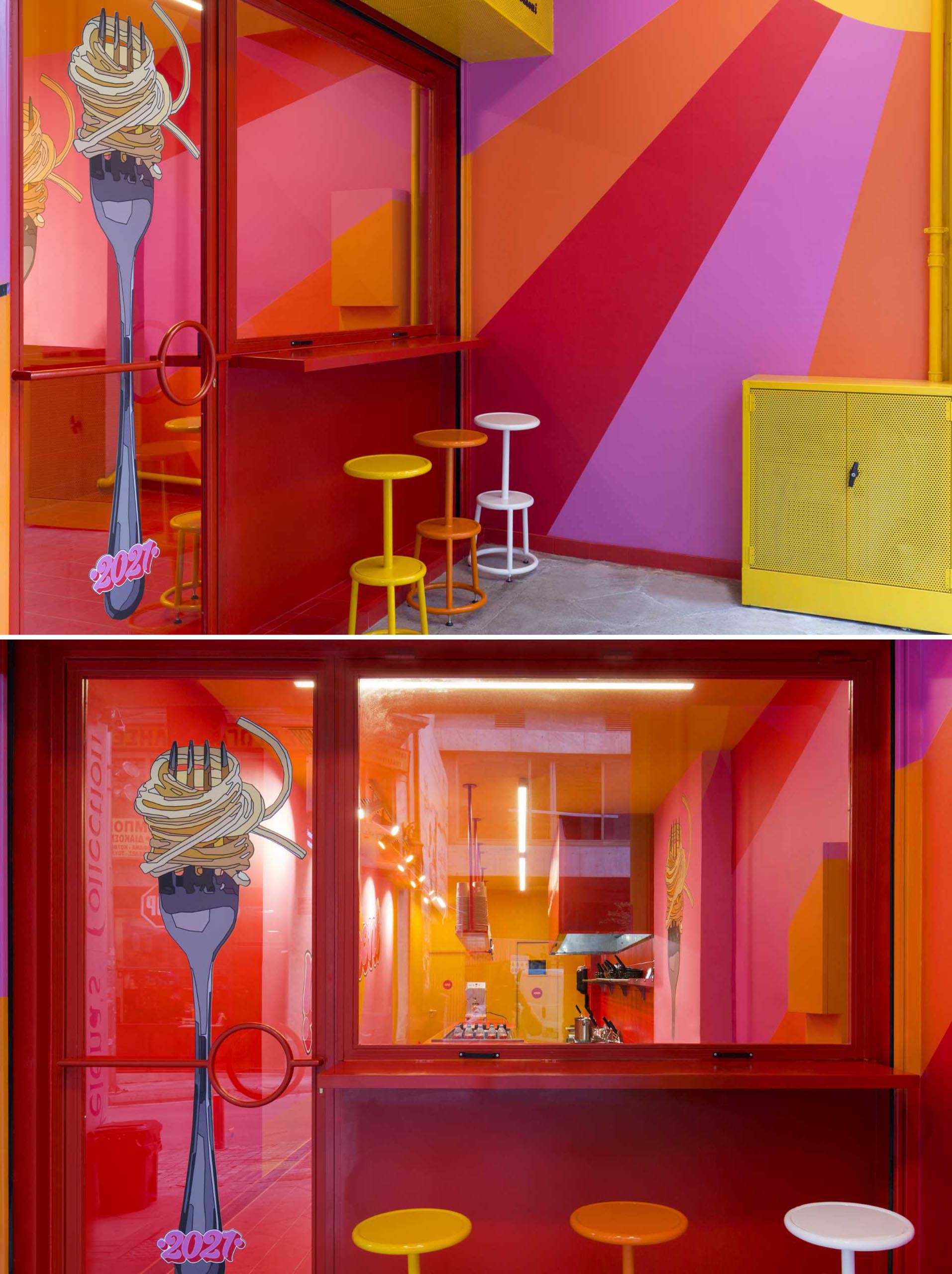 The exterior wall of this pasta shop has a striped design that flows through to the interior, while a small counter with stools provides a place to sit outside. The window can be opened to connect the interior and exterior spaces.