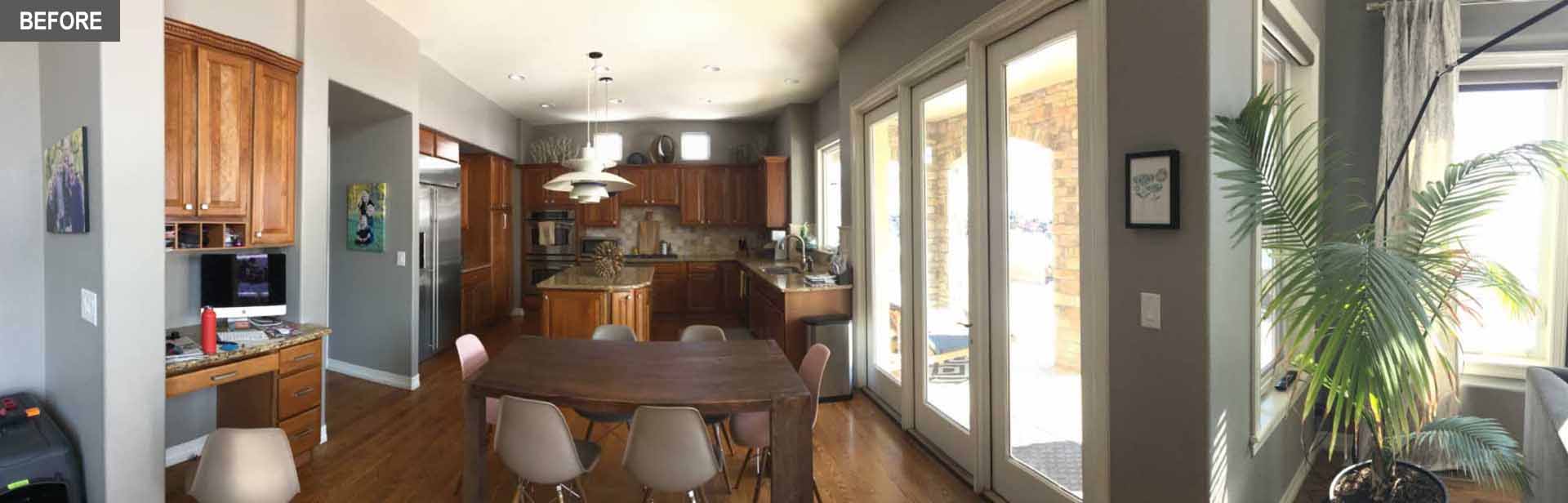 قبل از - یک آشپزخانه قدیمی شامل آشپزخانه درجه یک سازنده با کابینت های چوبی است که فضا را کاملاً تاریک کرده است.