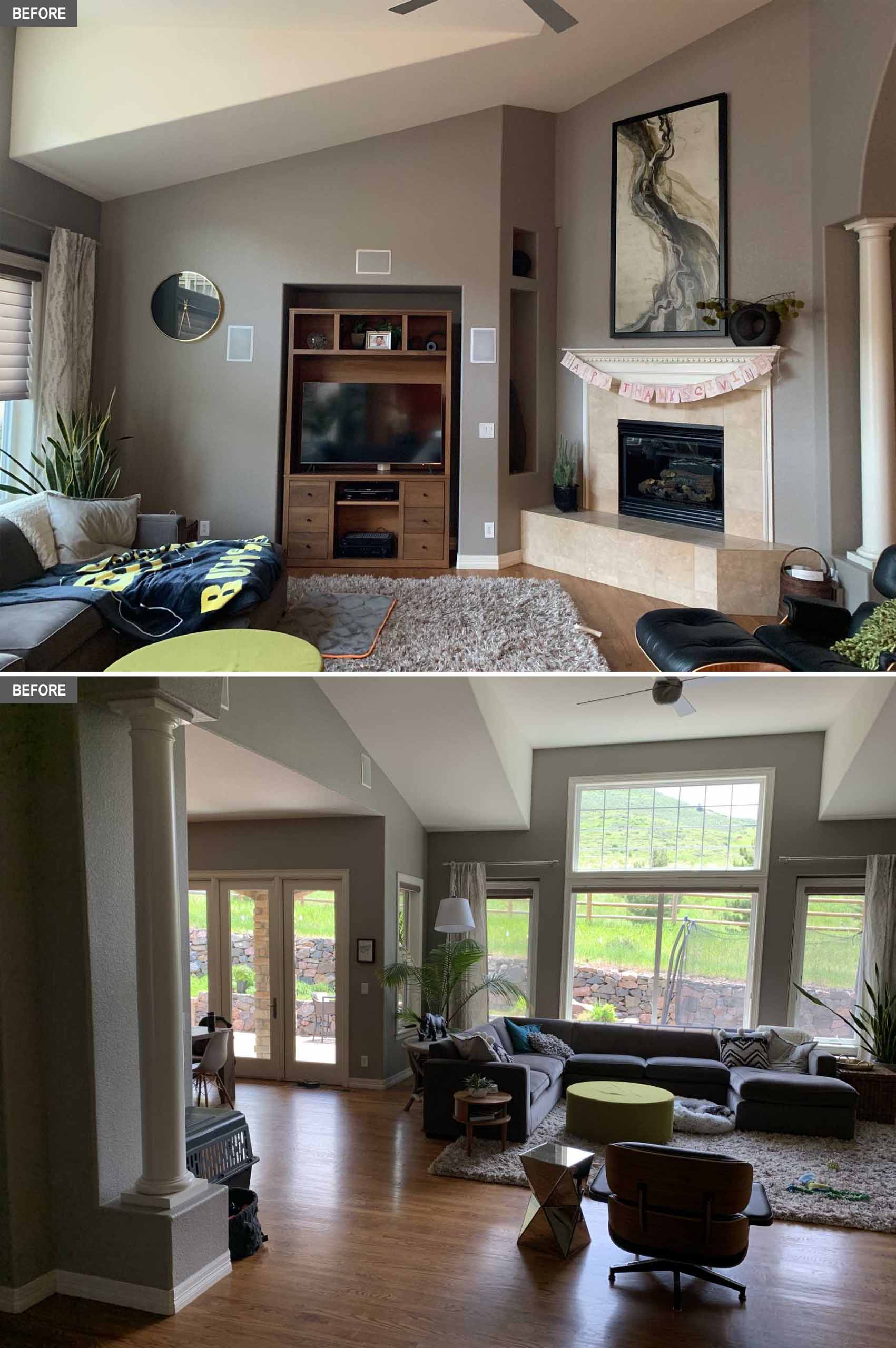 BEFORE - This living room included a fireplace on an angled wall, and several nearby niches, one of which had a wood unit placed inside to house the tv.