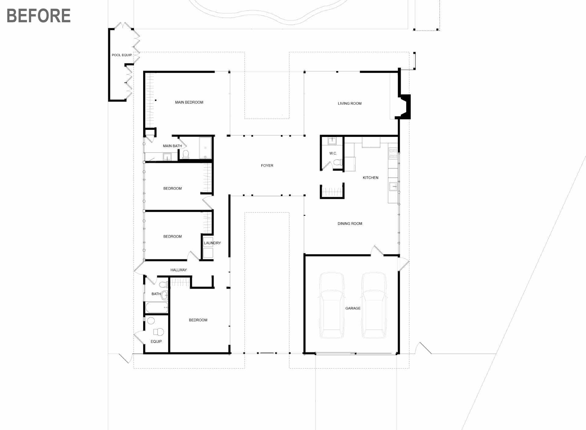 The 'before' floor plan of a remodeled Eichler home.