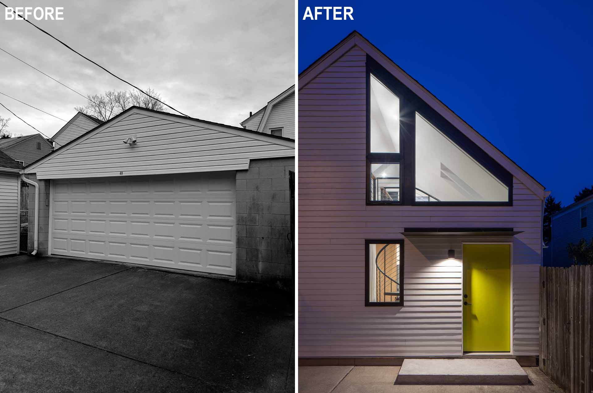 A garage was transformed into a studio apartment with a lofted home office.