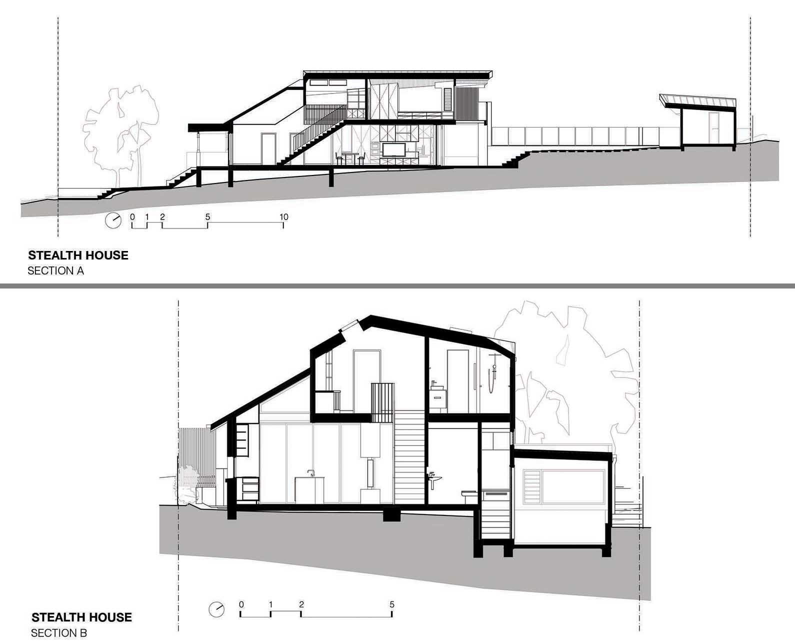 The sections of a home with a two-storey rear addition, swimming pool, and cabana.