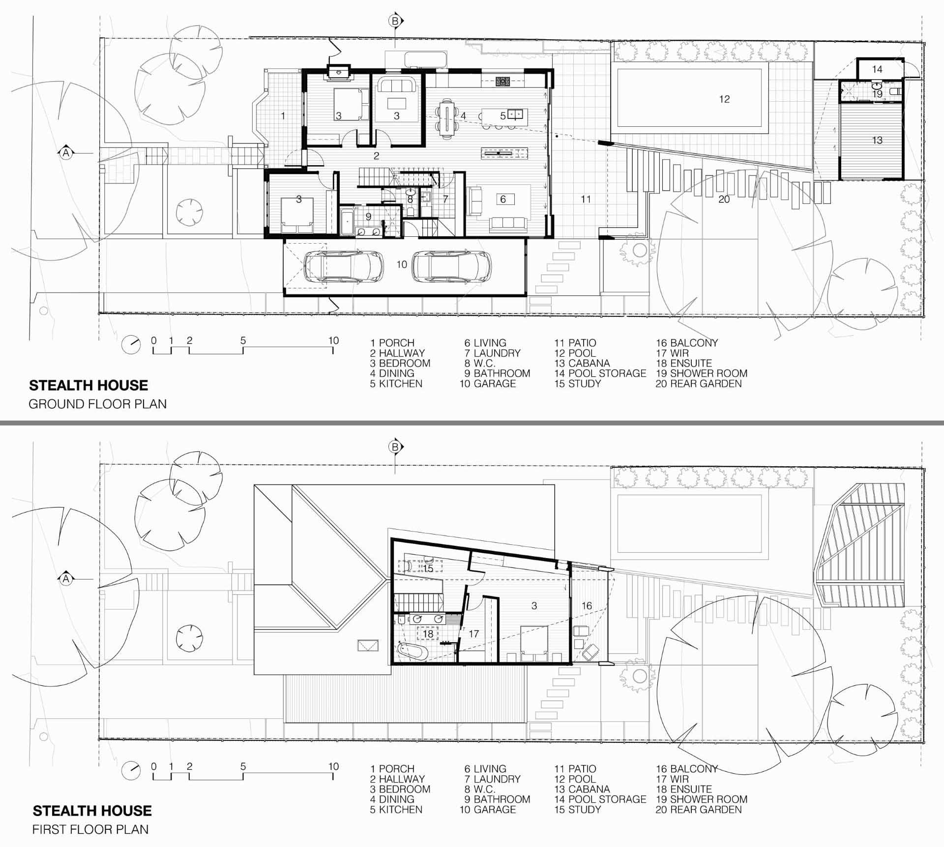 The floor plan of a home with a two-storey rear addition, swimming pool, and cabana.