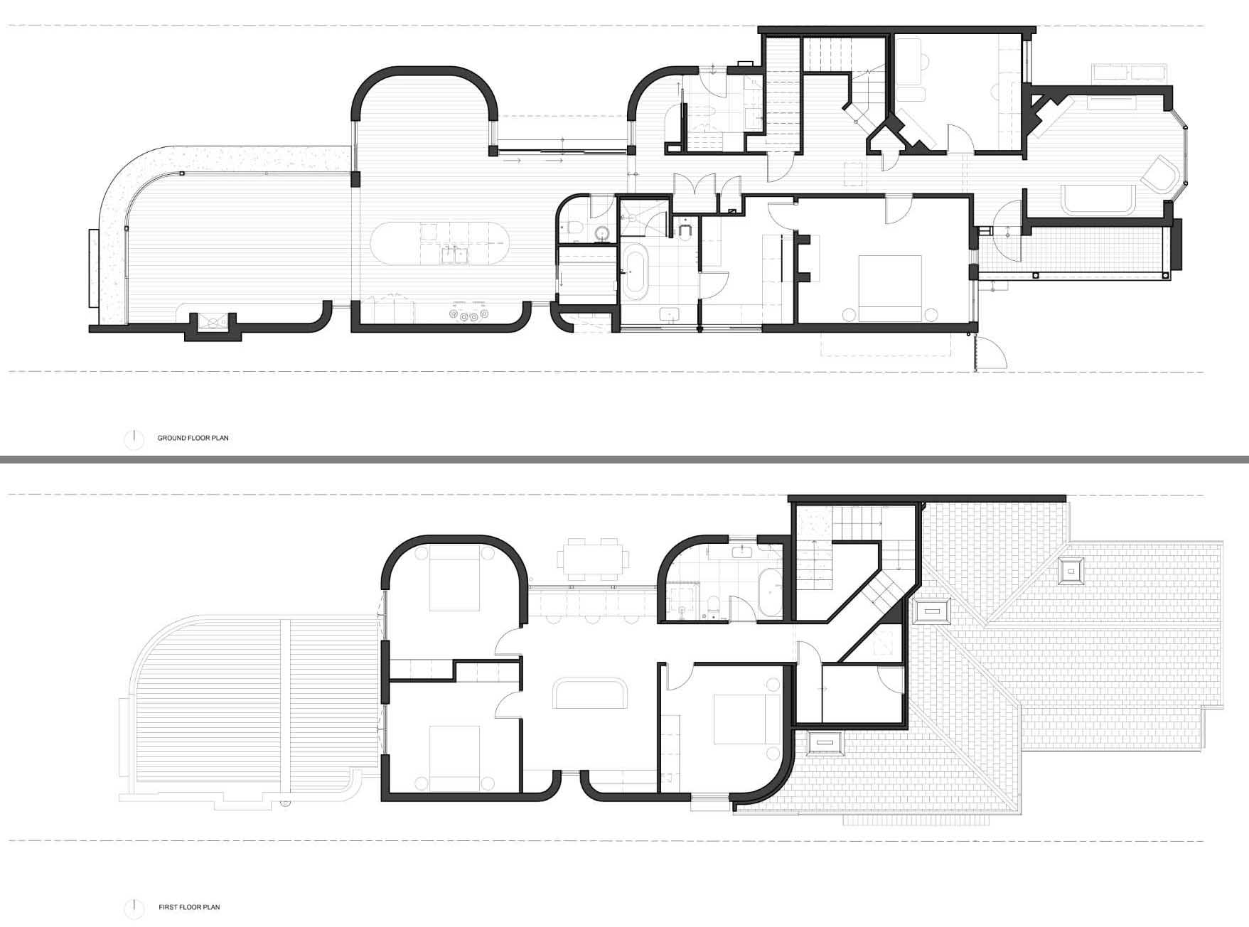 The floor plan of a home with a new rear addition.