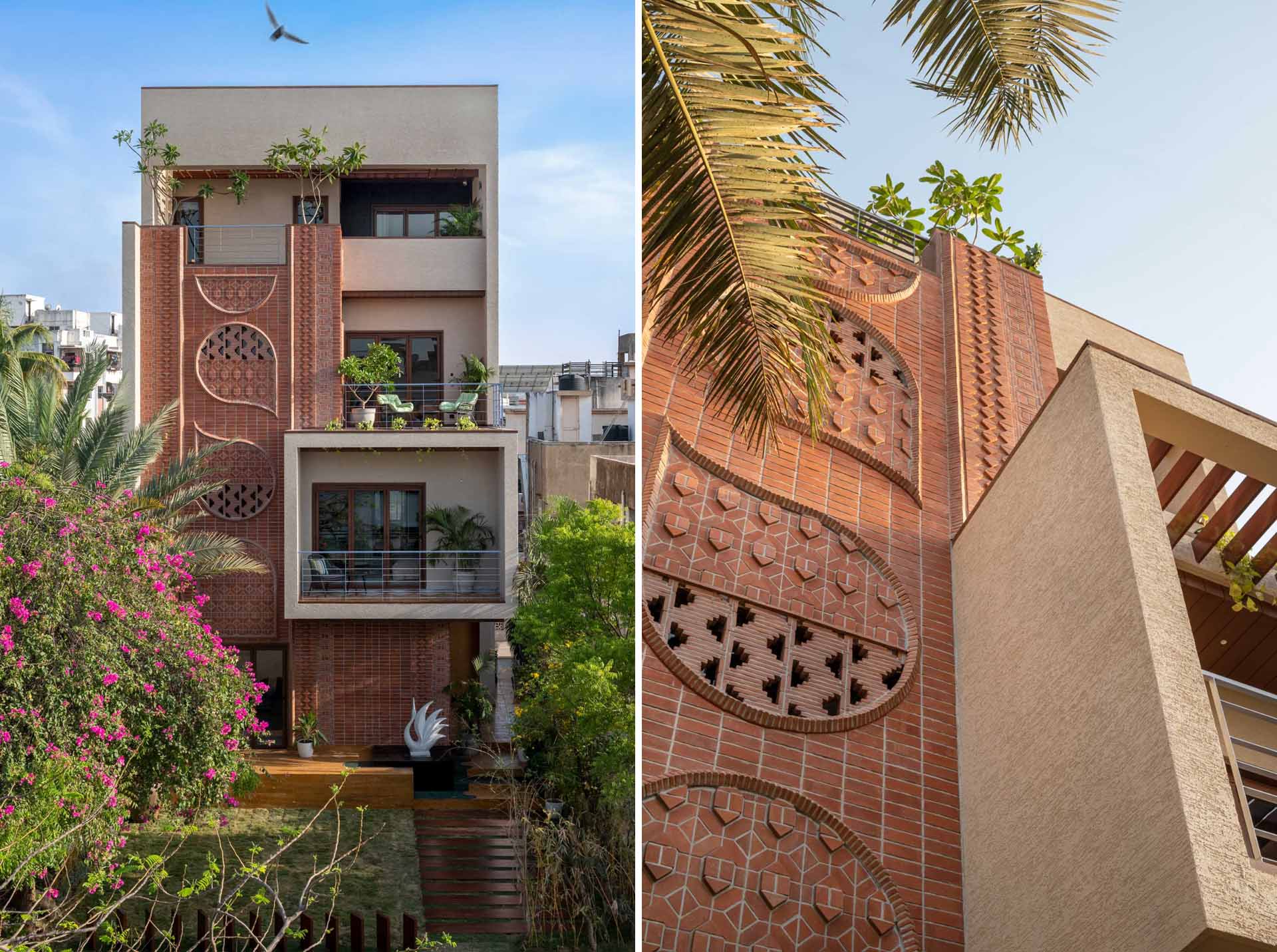 A modern home facade with a variety of brick patterns and unique designs.