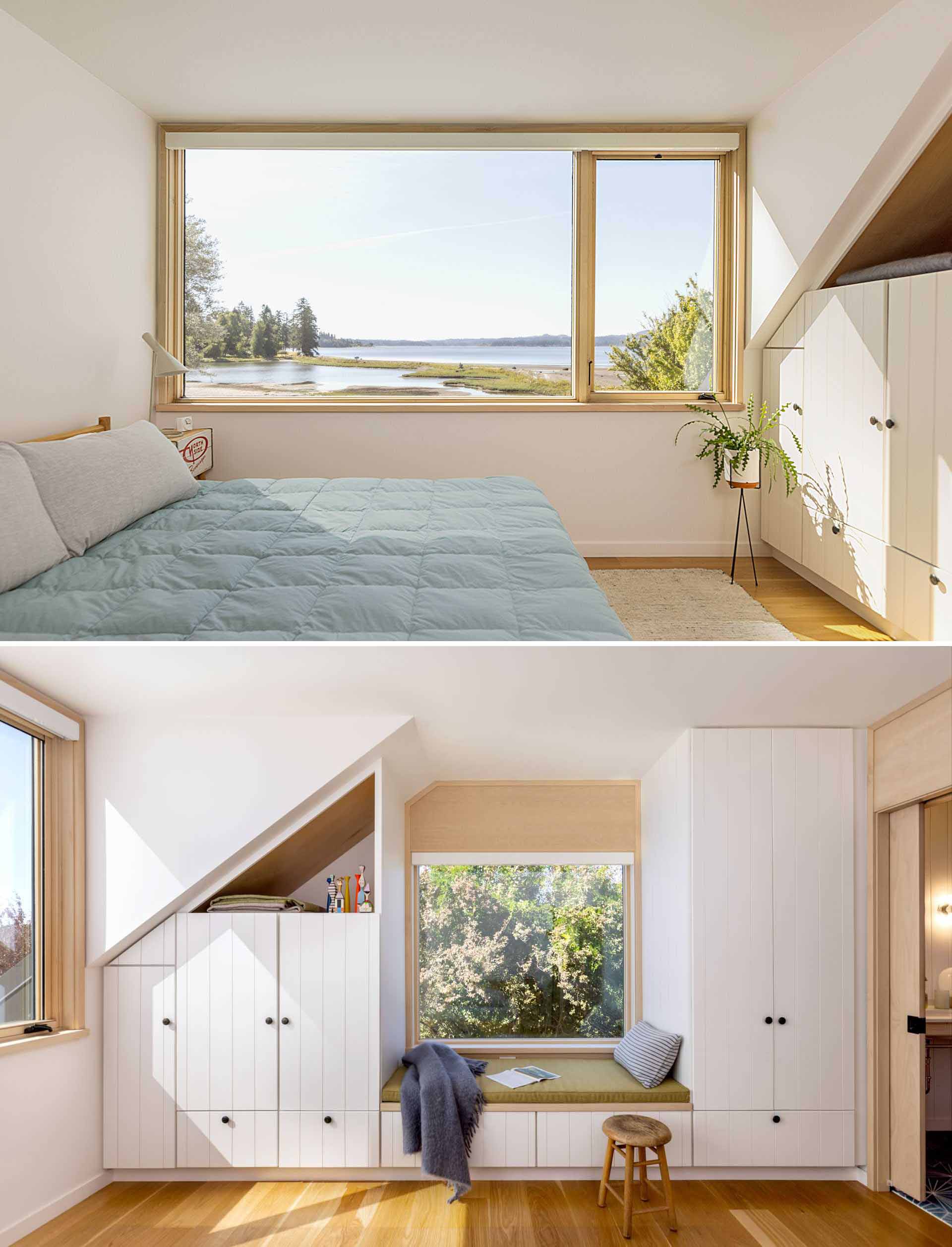 A contemporary farmhouse-inspired bedroom with a picture window, built-in storage, and a window beach.