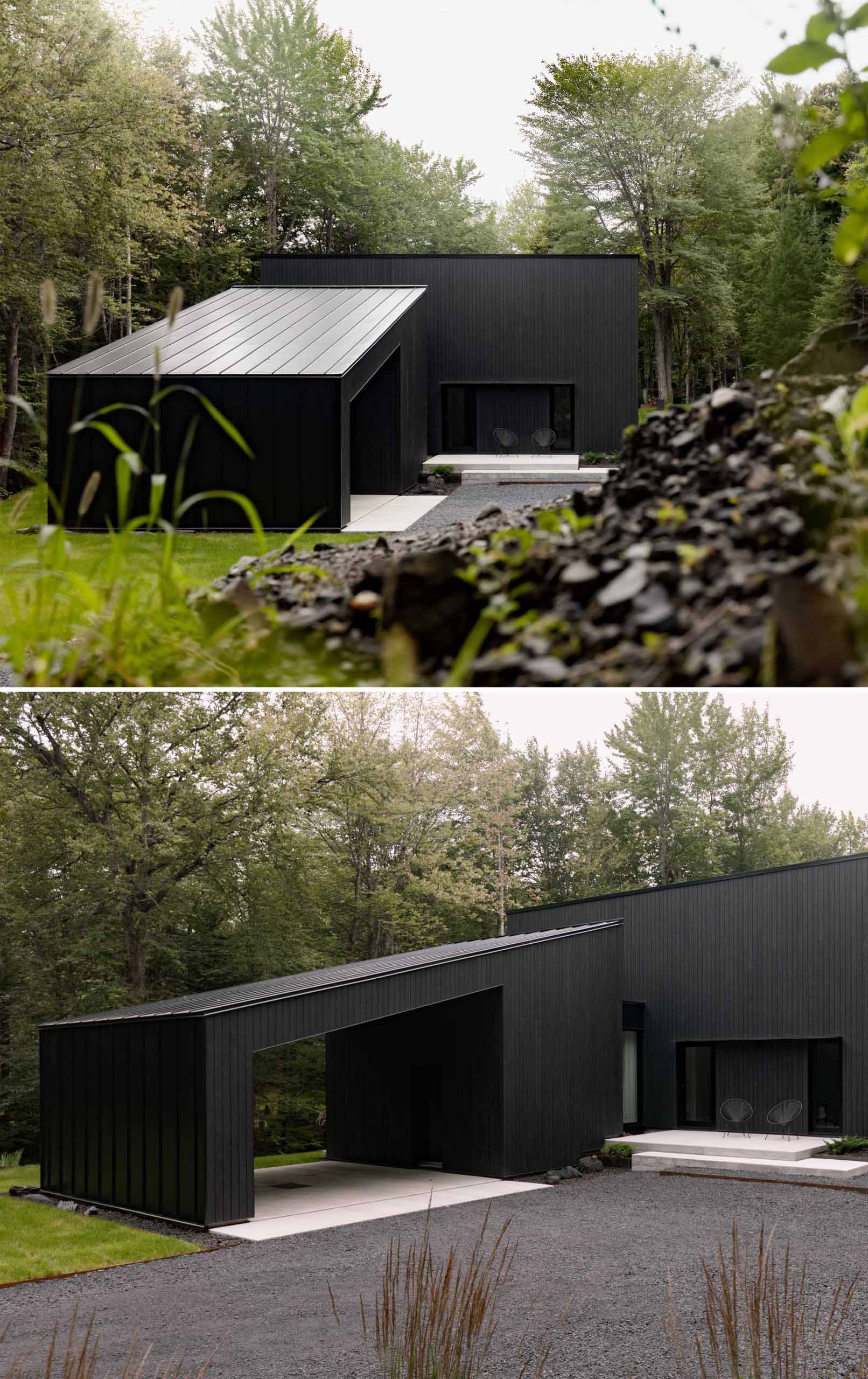 This modern home has a black wood exterior, with black window frames providing consistency to the design.