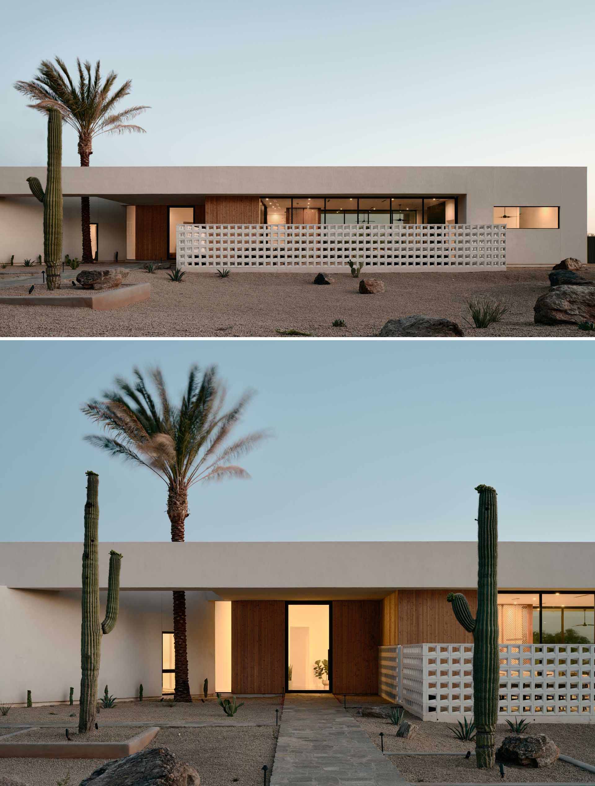 The entry of this house is highlighted by a singular date palm tree growing through a triangular aperture to the sky.