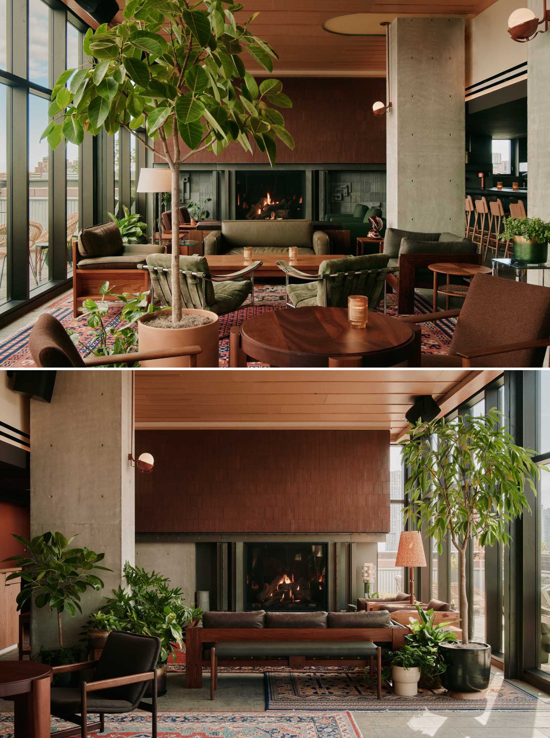 This modern hotel has a lounge with a fireplace and a variety of seating options.