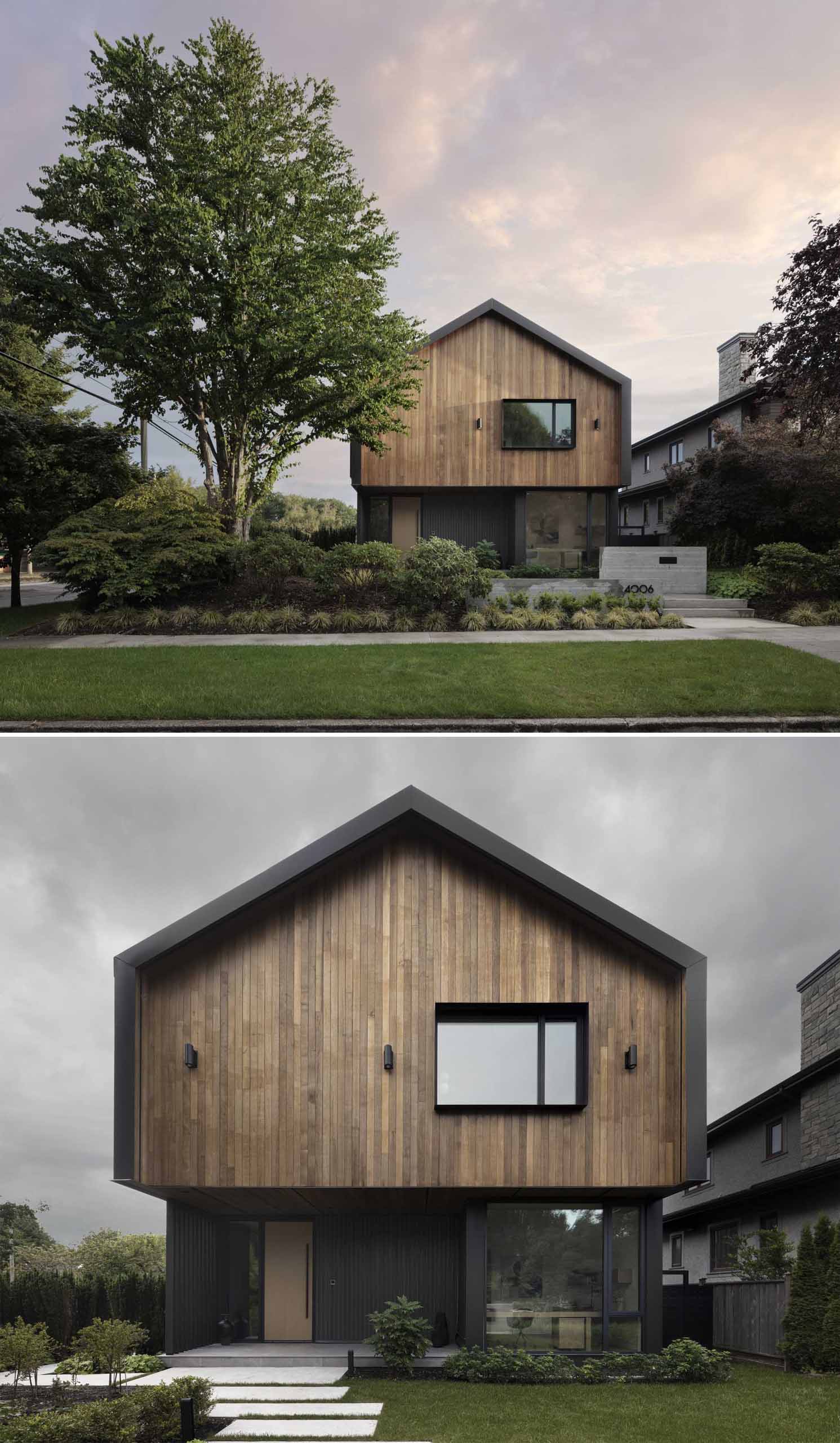 This modern home has a prominent gable form that floats atop the main level of the house, creating a cantilevered cover over a large recessed entry patio.