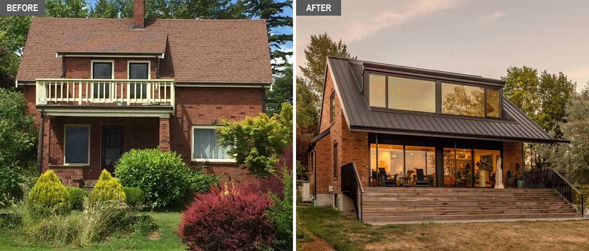 A remodeled brick farmhouse that now has a new porch and upper windows.