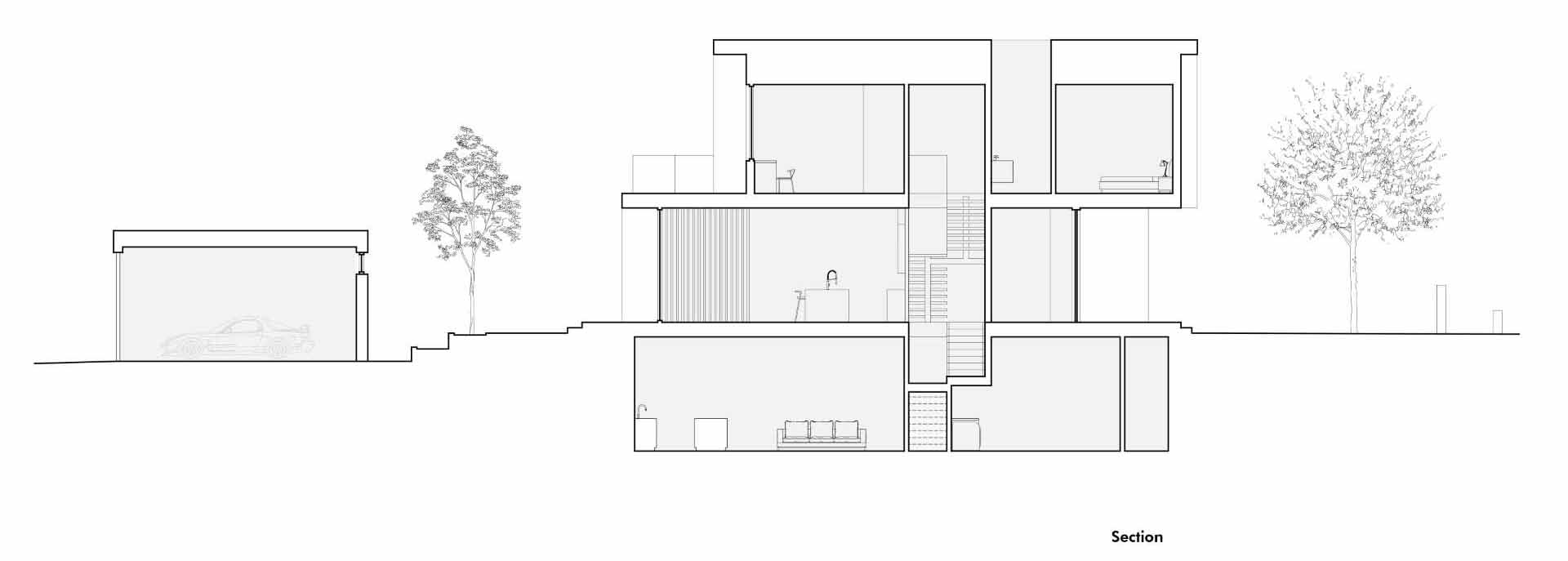 An architectural drawing of a modern three storey home.