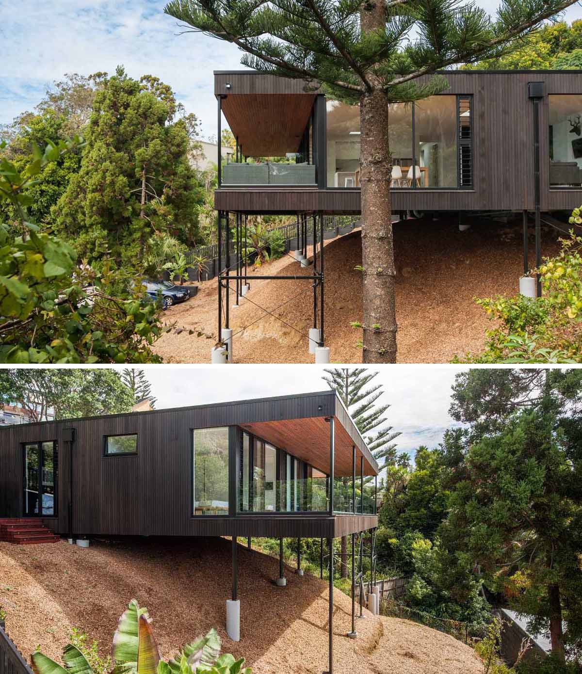 A modern home that's located on a sloped site, that overtime, will fill with plants.