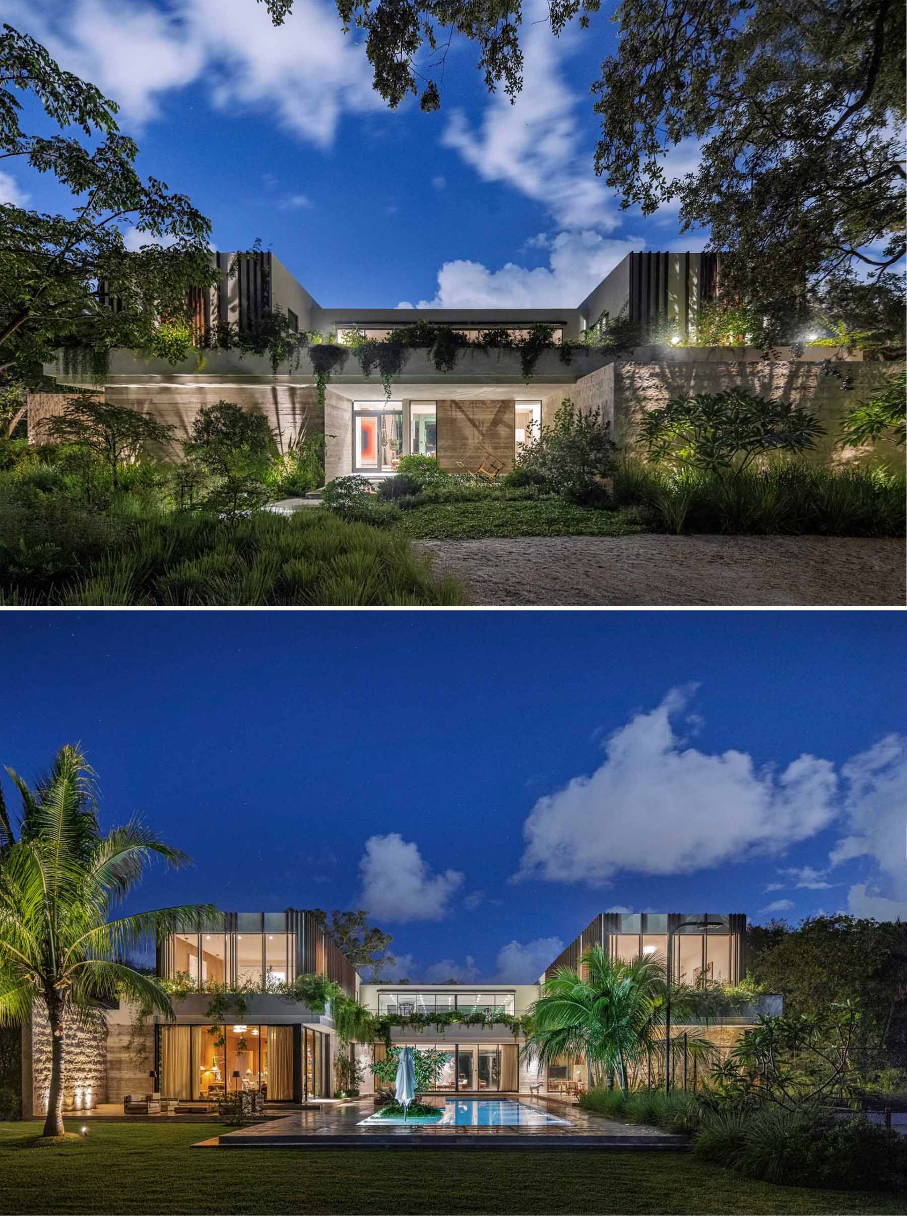 The exterior facade of this modern home features rough-cut Jerusalem tile and exposed board-formed concrete, as well the vertical Ipe wood fins and planters that wrap around the second storey.