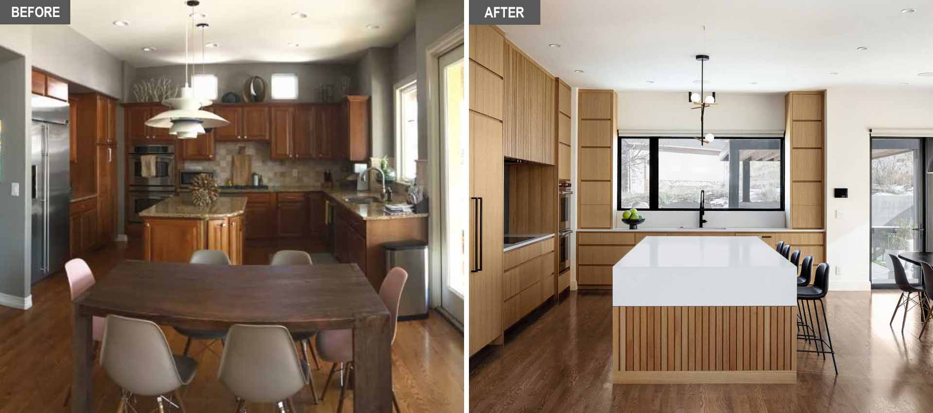 A dated 2000s interior has been transformed into a bright and open wood kitchen with concrete-finish quartz countertops and rift-sawn white oak veneer cabinets.