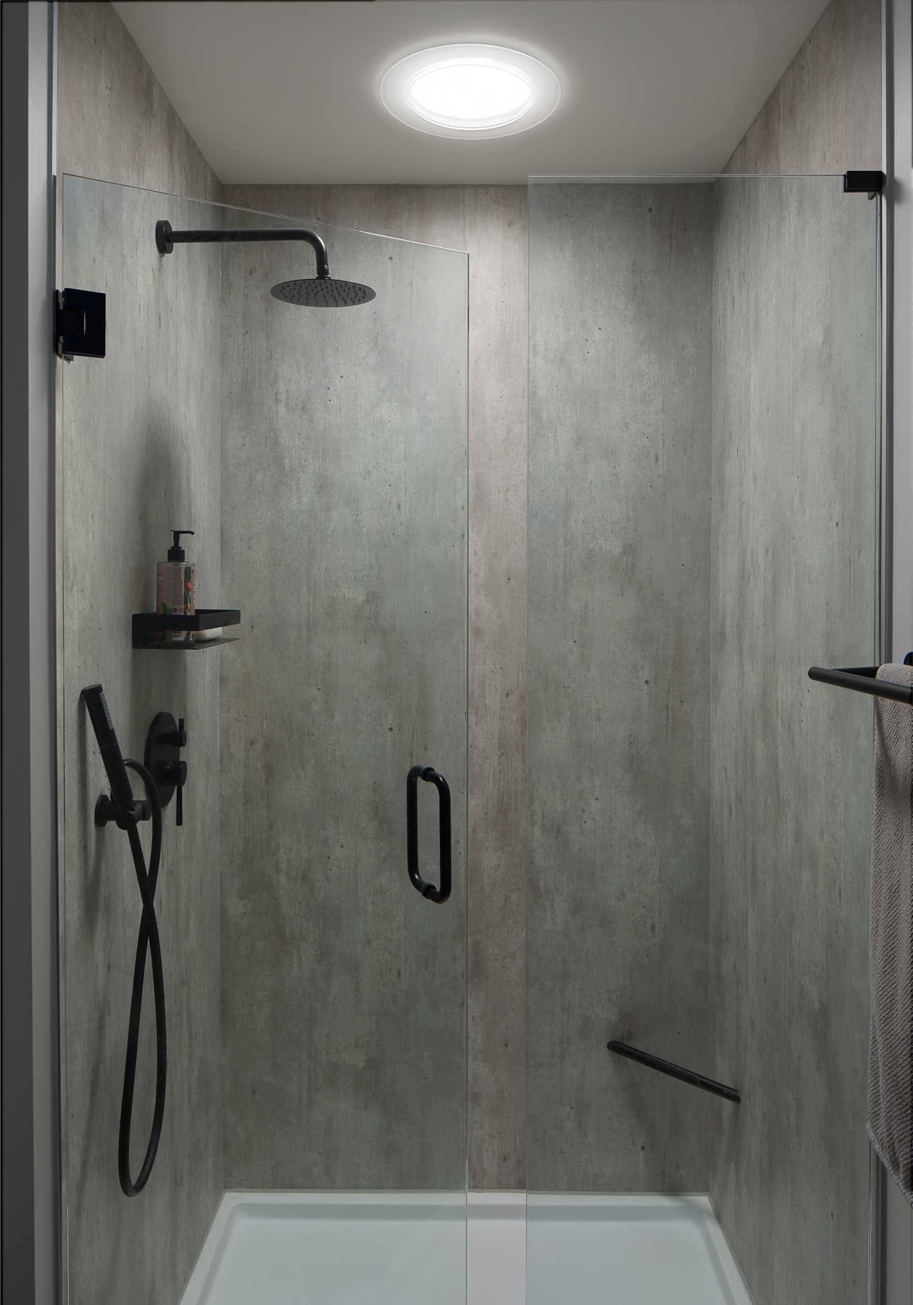 A modern grey shower with black accents.