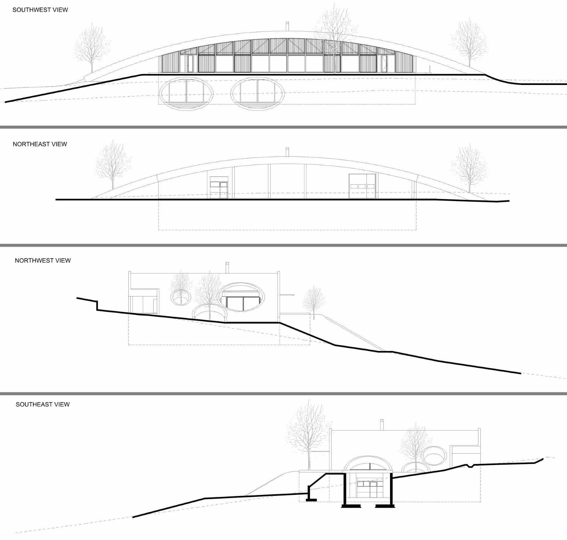 The architectural drawings of a modern winery with a curved roof.